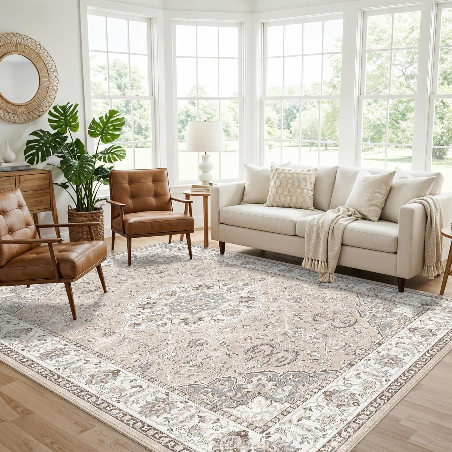 Skiennix 6x9 Area Rug - Farmhouse Washable Ultra Soft Carpet | Stain Resistant & Non-Slip Beige Rug for Living Room, Bedroom, and Dining Room