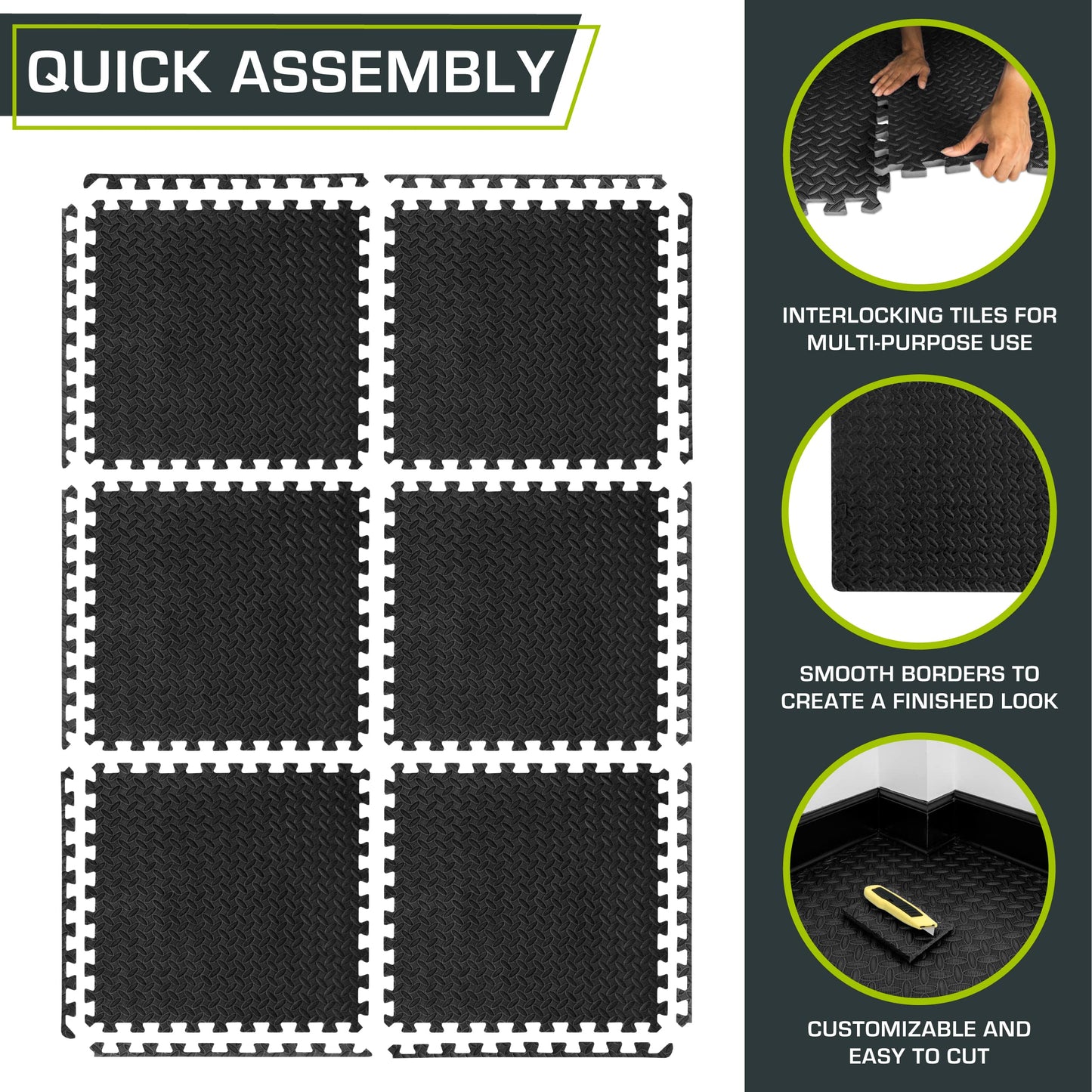 ProsourceFit Exercise Puzzle Mat ½-inch, EVA Interlocking Foam Floor Tiles for Home Gym, Workout Equipment, Kids Play Areas, Black, 24 SQ FT - 6 Tiles