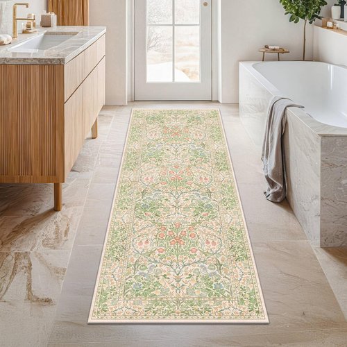 Hazo Haus Non-Slip Bathroom Runner Rug - Vintage Floral Design | Washable 24 x 72 Inch Beige Green Mat
