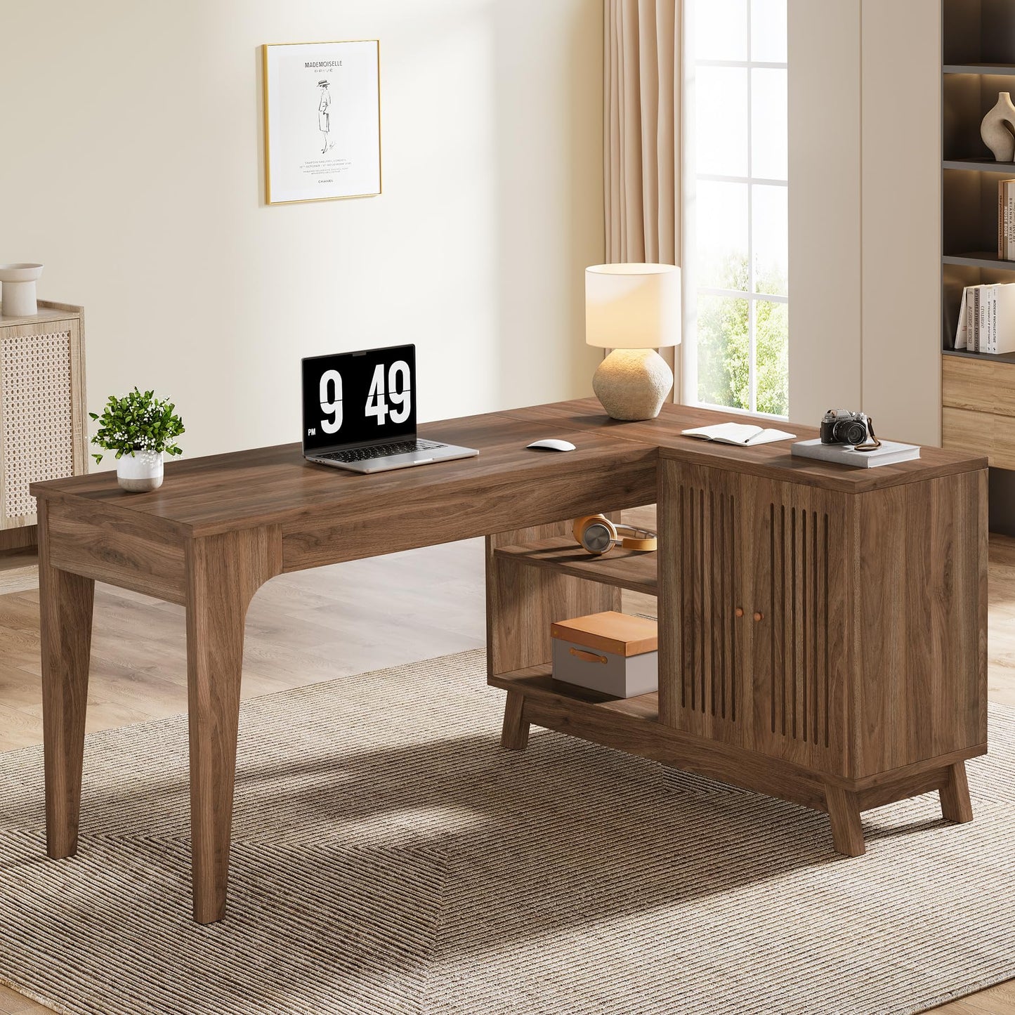 Tribesigns L-Shaped Desk with Storage Cabinet, 57-Inch Wood Corner Workstation, Home Office Computer Desk, Study Writing Table for Bedroom, Walnut
