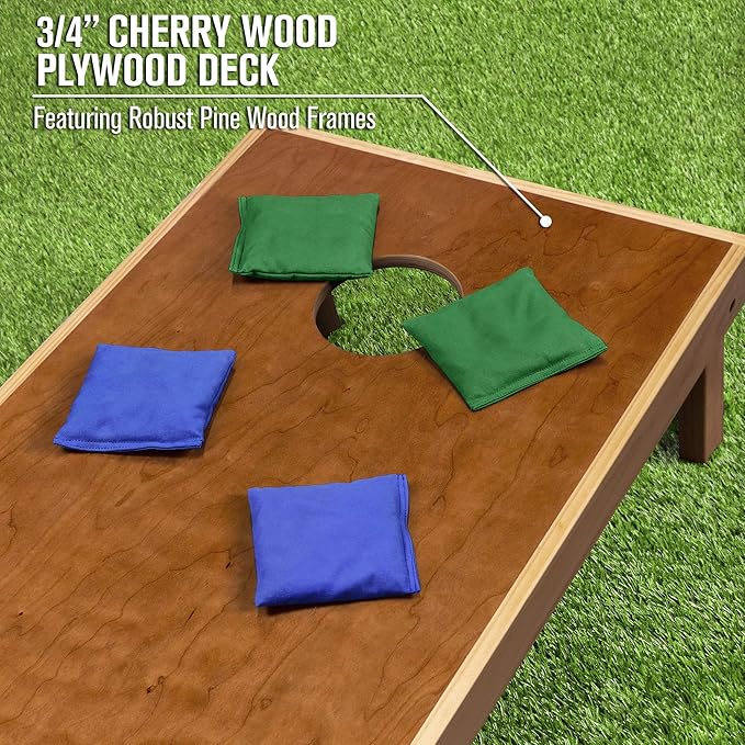 GoSports 4 ft x 2 ft Commercial Grade Cornhole Boards Set - Natural Wood Cornhole Boards, Choose from Different Bean Bag Color Combinations - Royal Blue & Dark Green