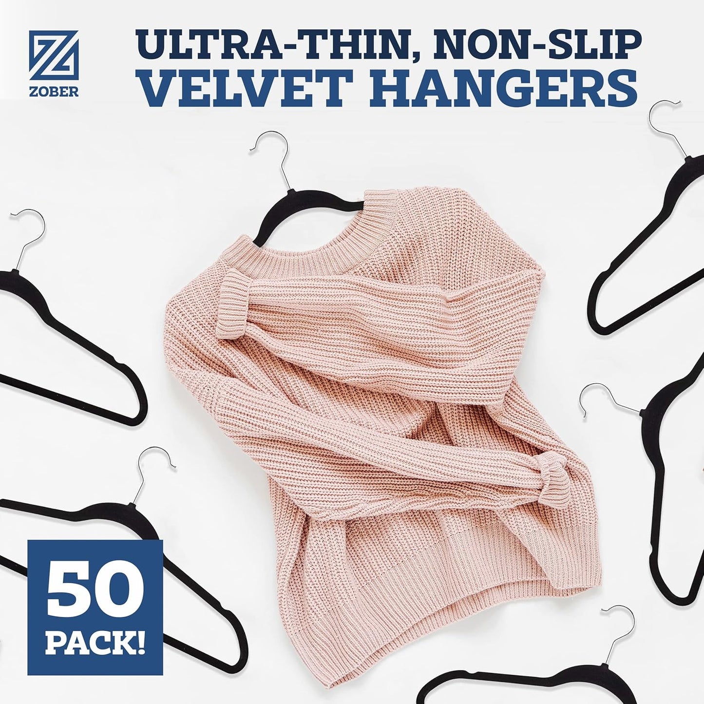 ZOBER Black Velvet Hangers - Non-Slip Clothes Hangers with 360° Swivel | 50 Pack, Holds Up to 10 lbs