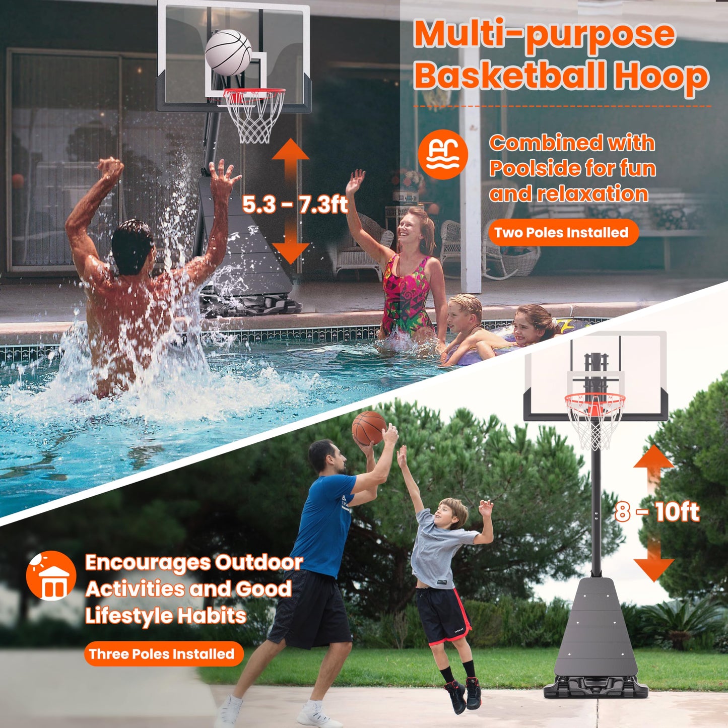 Feelwin Basketball Hoop Outdoor System with 10ft Height Adjustable, 45/48in Steel Frame Backboard Basketball Goal Court System, Portable Hoop for Youth and Adults in Driveway Backyard Pool Play