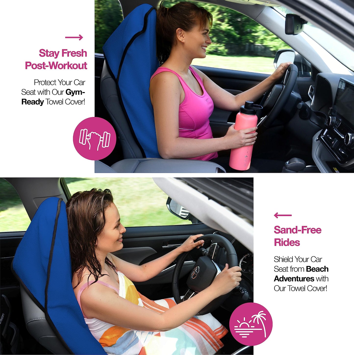lebogner Car Seat Towel Cover for Post Gym Workout, Running, Swimming, and Hiking, 2 Pack Universal Fit Anti-Slip Waterproof Sweating Bucket Seat Protector for Cars, SUVs and Trucks, Blue