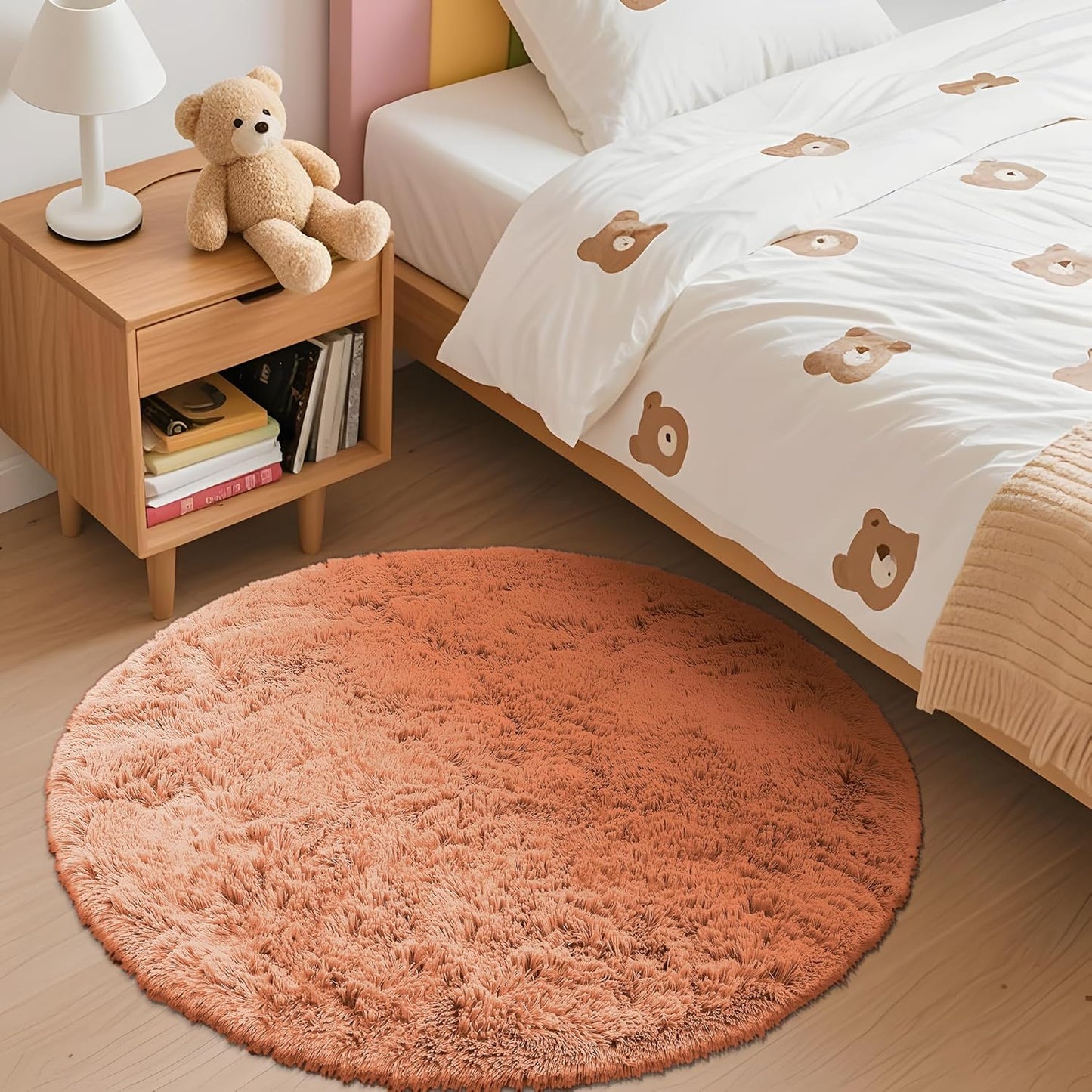 OLANLY Round Area Rug - Soft Muted Orange Shaggy Carpet, 5 ft Circle for Bedroom & Living Room Decor