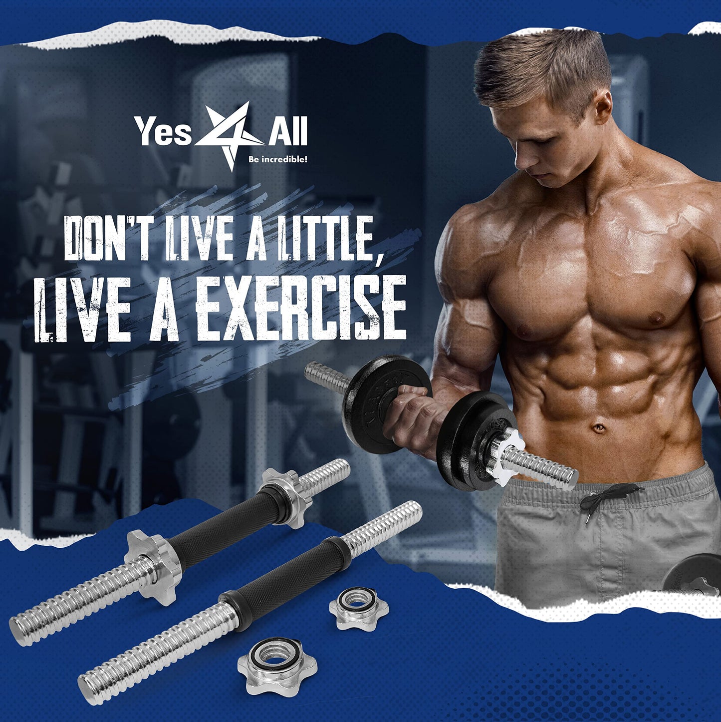 Yes4All Pair of Threaded Dumbbell Handles, Dumbbell Bar with Collars, Chrome/Rubber Grip, Fit 1 Inch Plates, Weight Bar Connector 16 Inches - Silver