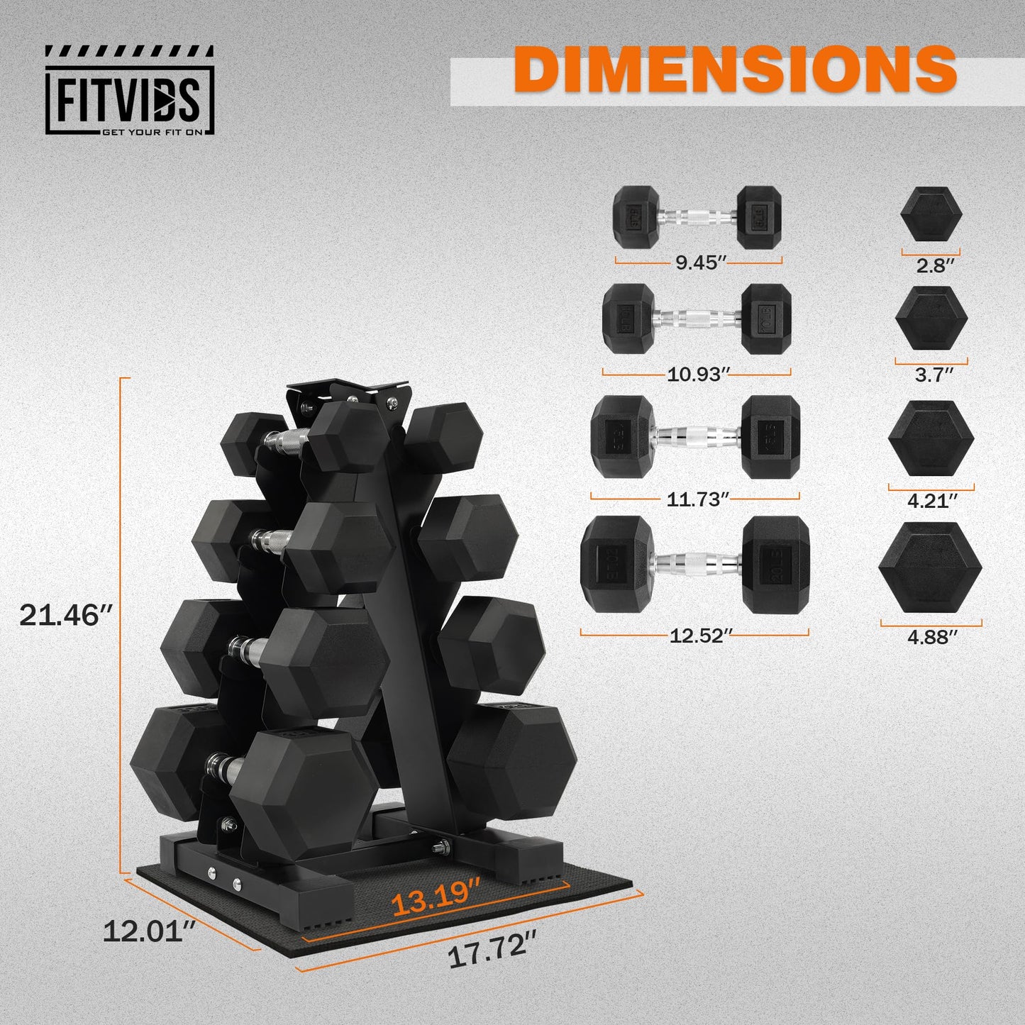 Fitvids 100LB Rubber Coated Hex Dumbbell Weight Set with Storage Rack, 5-20LB Free Weights with Anti-Slip Handle for Home Gym