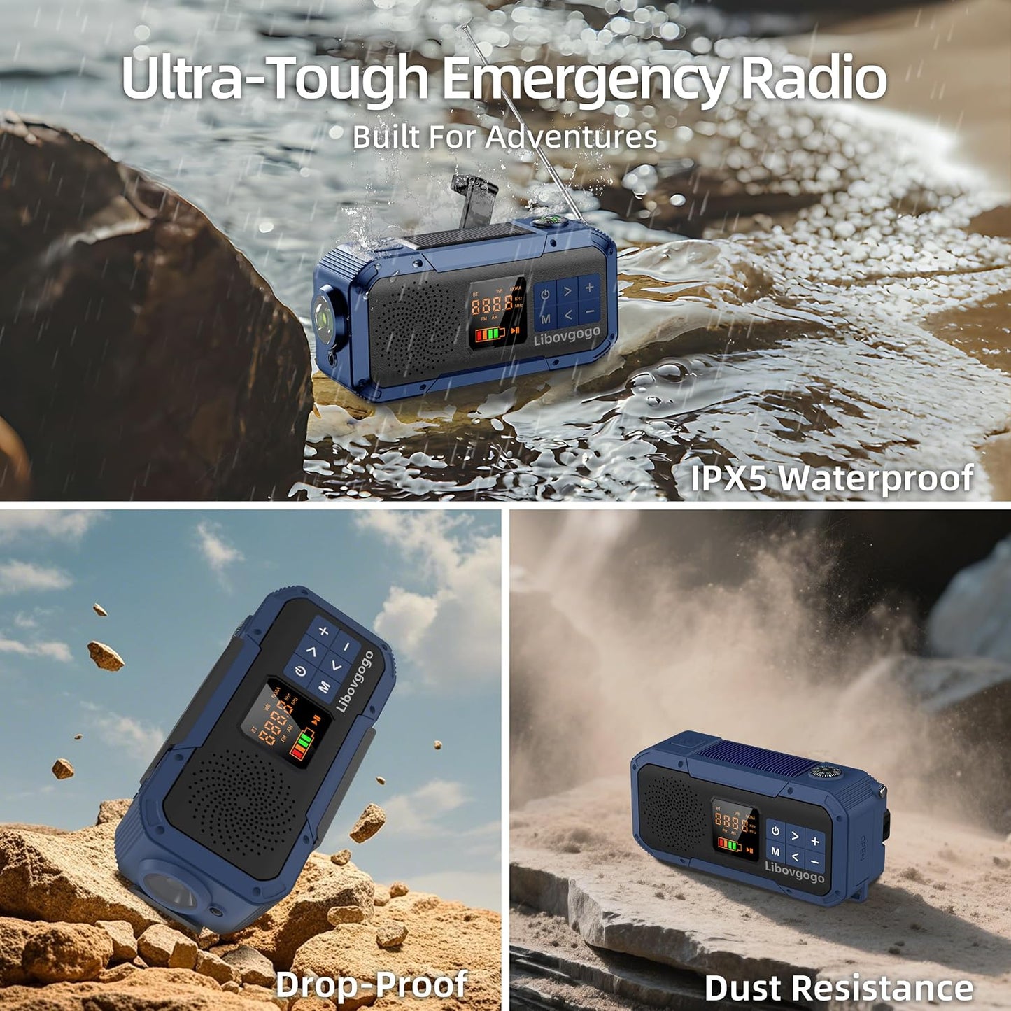 libovgogo IPX5 Alarm,2000mAh Emergency Weather Radio with Waterproof Portable Bluetooth Speaker,USB-C Solar Hand