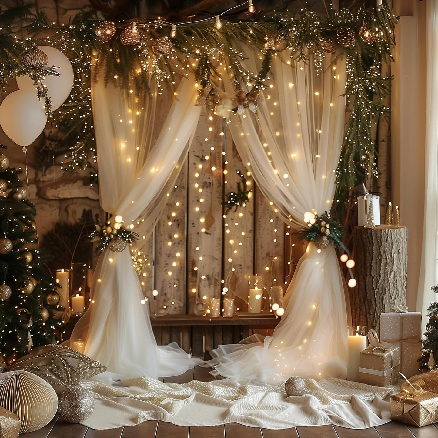 20FT 8FT (4 5x8FT) Fomcet Tulle Curtains with Lights String Champagne X Sheer Backdrop Curtains for Parties Wedding