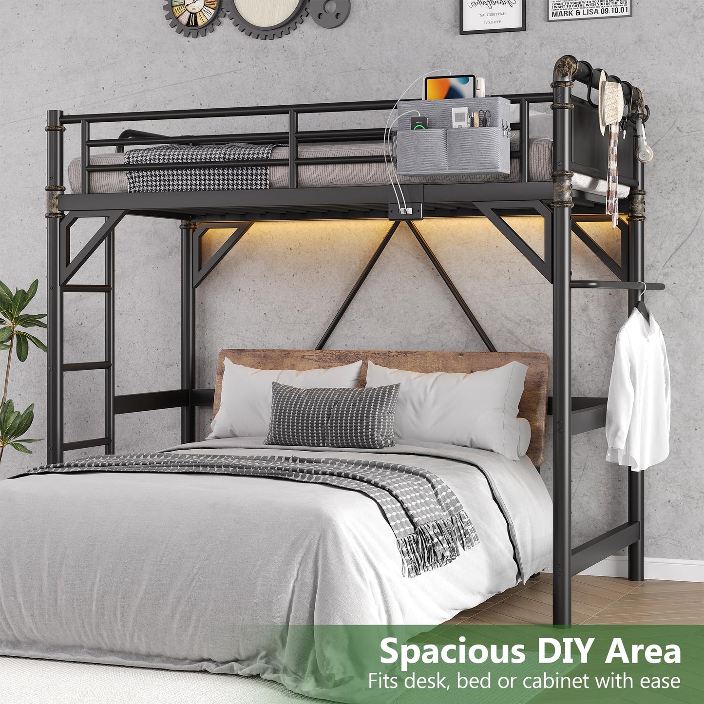 Twin Size Loft Bed with LED Lights and Charging Station, Industrial Heavy Duty Metal Loft Bed Frame with Ladder and Guardrail for Kids Adults, Small Space Saving Design for Bedroom Dorm, Black