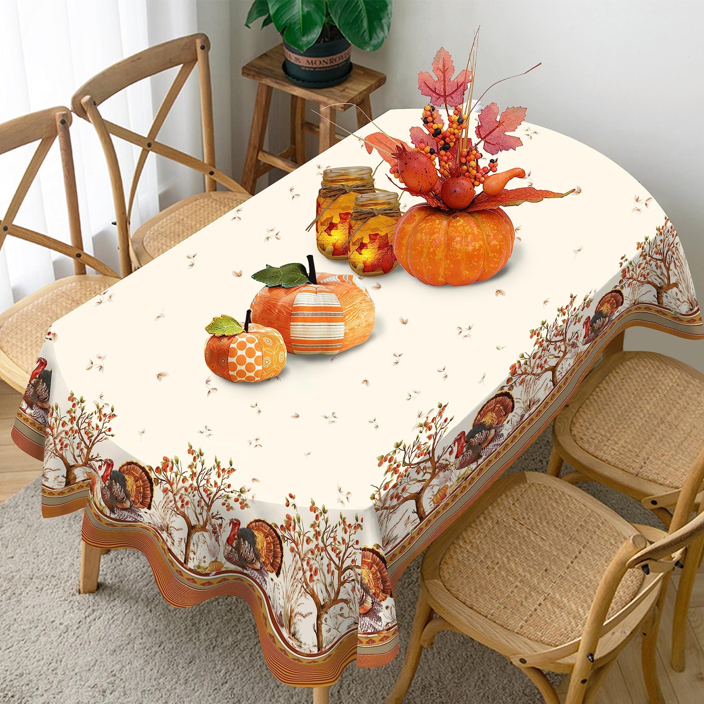 Virtumob Fall Thanksgiving Double Border Decoration Tablecloth, Turkey & Pumpkin Harvest Tablecloths, Waterproof Table Cover for Dinner Kitchen Party Holiday Decorations Oval 60 x 84 Inch