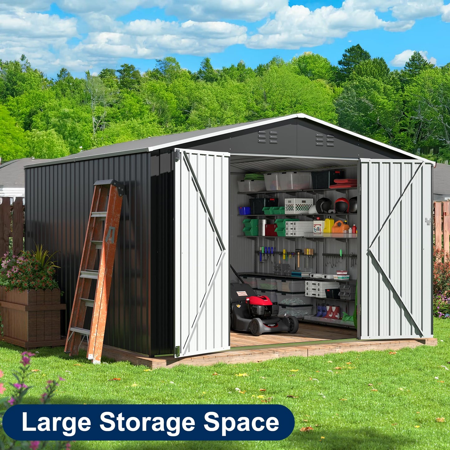 AirWire 10x10 FT Storage Shed, Garden Shed with Updated Frame Structure and Lockable Doors, Metal Tool Sheds for Backyard Garden Patio Lawn, Grey