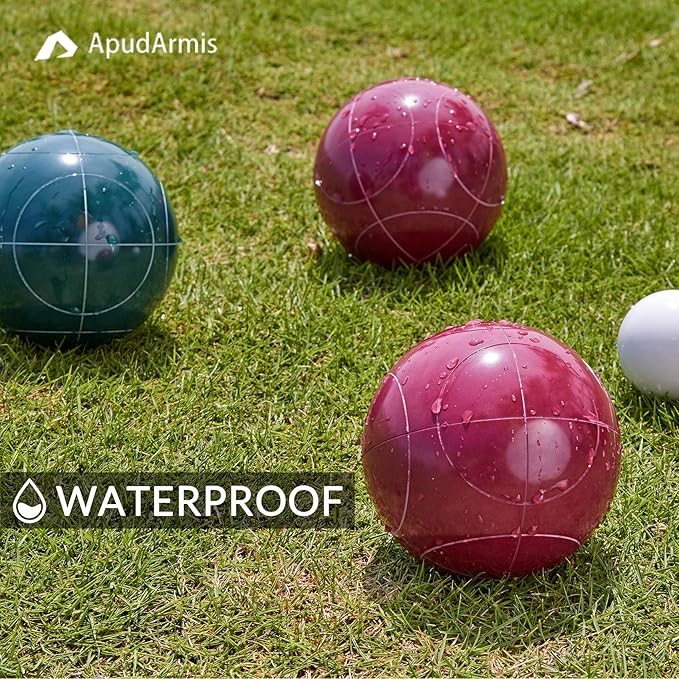 ApudArmis Bocce Balls Set, Regulation Size 100mm Bocce Game for Outdoor/Backyard/Lawn/Beach with 8 PCS 100% Poly-Resin Balls / 1 Pallino/Nylon Carrying Case/Measuring Rope (Red,Blue,Green,Yellow)