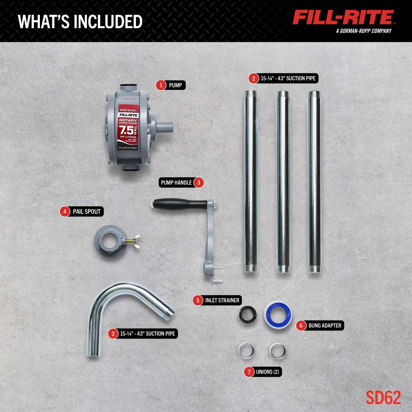 Fill-Rite SD62 Hand Fuel Transfer Pump, 7.5 Gallons per 100 Revolutions, 3/4" NPT Ports, 2" Bung Mount, Cast Iron Manual Pump with Aluminum Spout & Steel Suction Pipe
