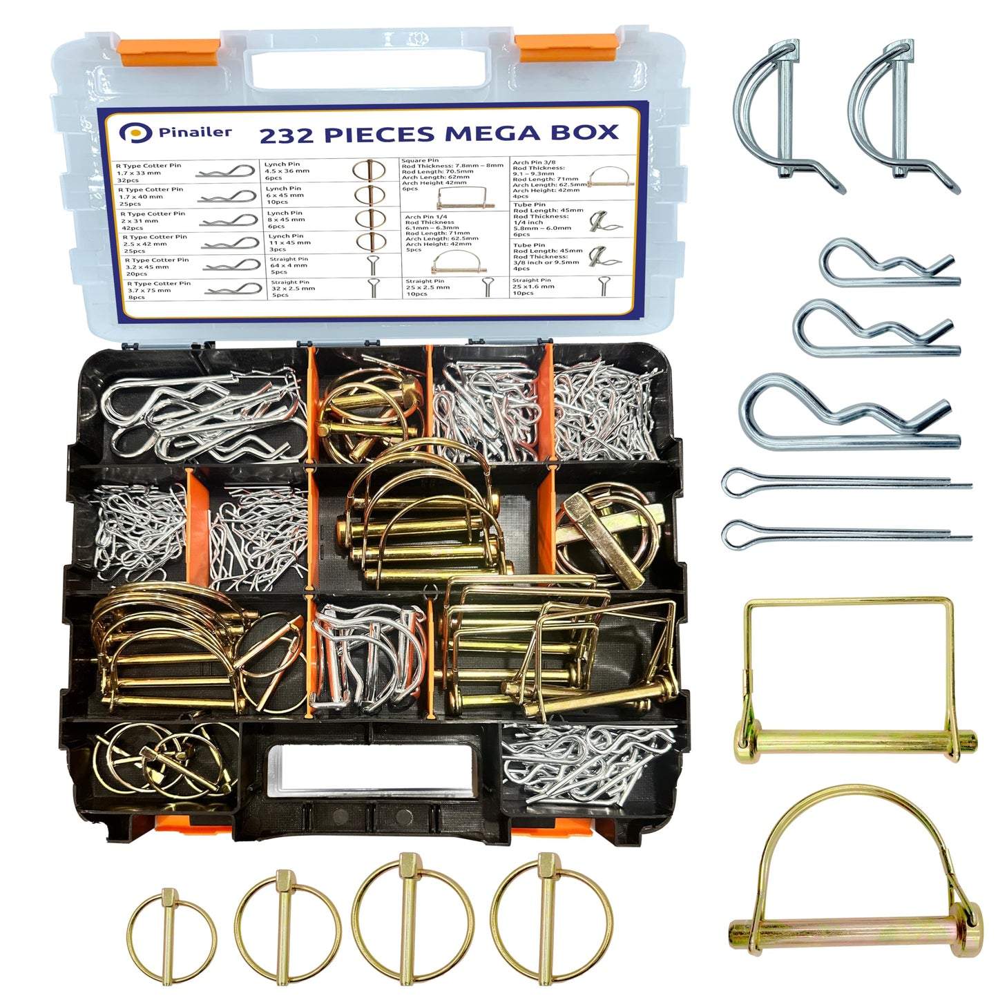 232PCS of Trailer Hitch Pins, Lynch Pins, Trailer Pins, PTO Pins, 3 Point Tractor Accessories, Cotter Pins for Trailer Accessories, Tractor Attachments, Lawn Mowers, Snow Plows, Farm Equipment