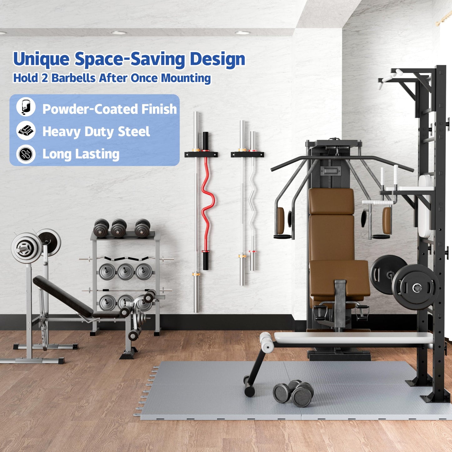 MIUONO Barbell Holder, Wall Mount Barbell Storage Hanger for Vertical Barbell Wall Rack, Garage Gym Olympic Bar Holder, Fits Under 40 mm Bar in Size, 1 Pack