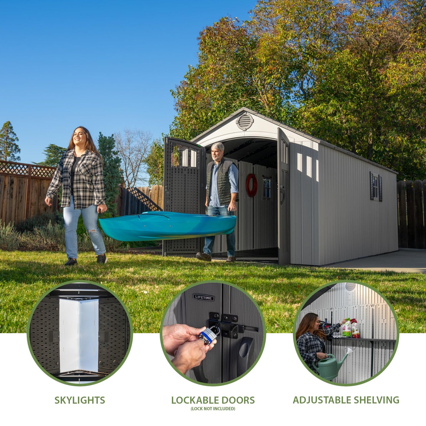 Lifetime Outdoor Storage Shed, 8x20 Ft, Gray, Resin Backyard Tool Shed with Lockable Doors and Weather-Resistant Panels