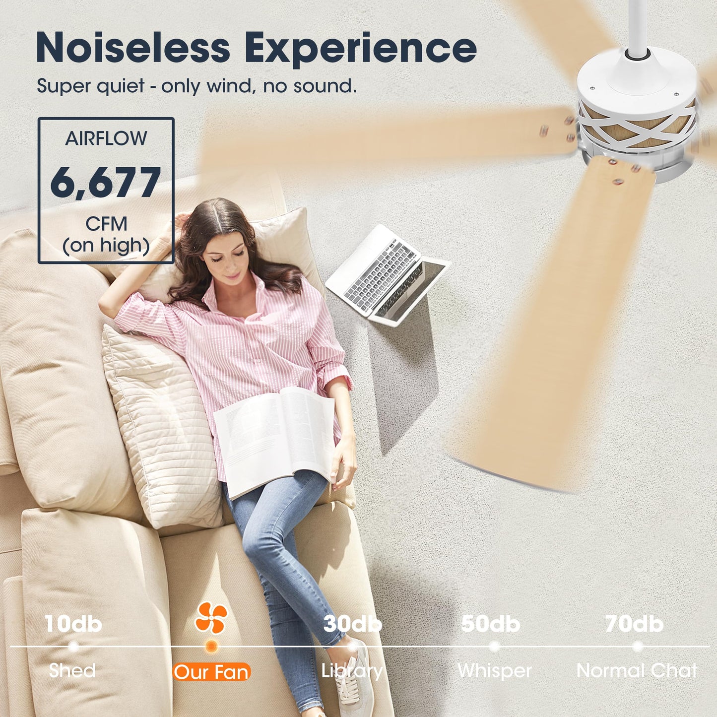 WINGBO 52" Smart Ceiling Fan with Lights, White/Oak Blades, 6 Speeds Reversible DC Motor, Works with Alexa and Google Assistant, 3CCT Dimmable LED Ceiling Fan for Bedroom Living Room, White Finish