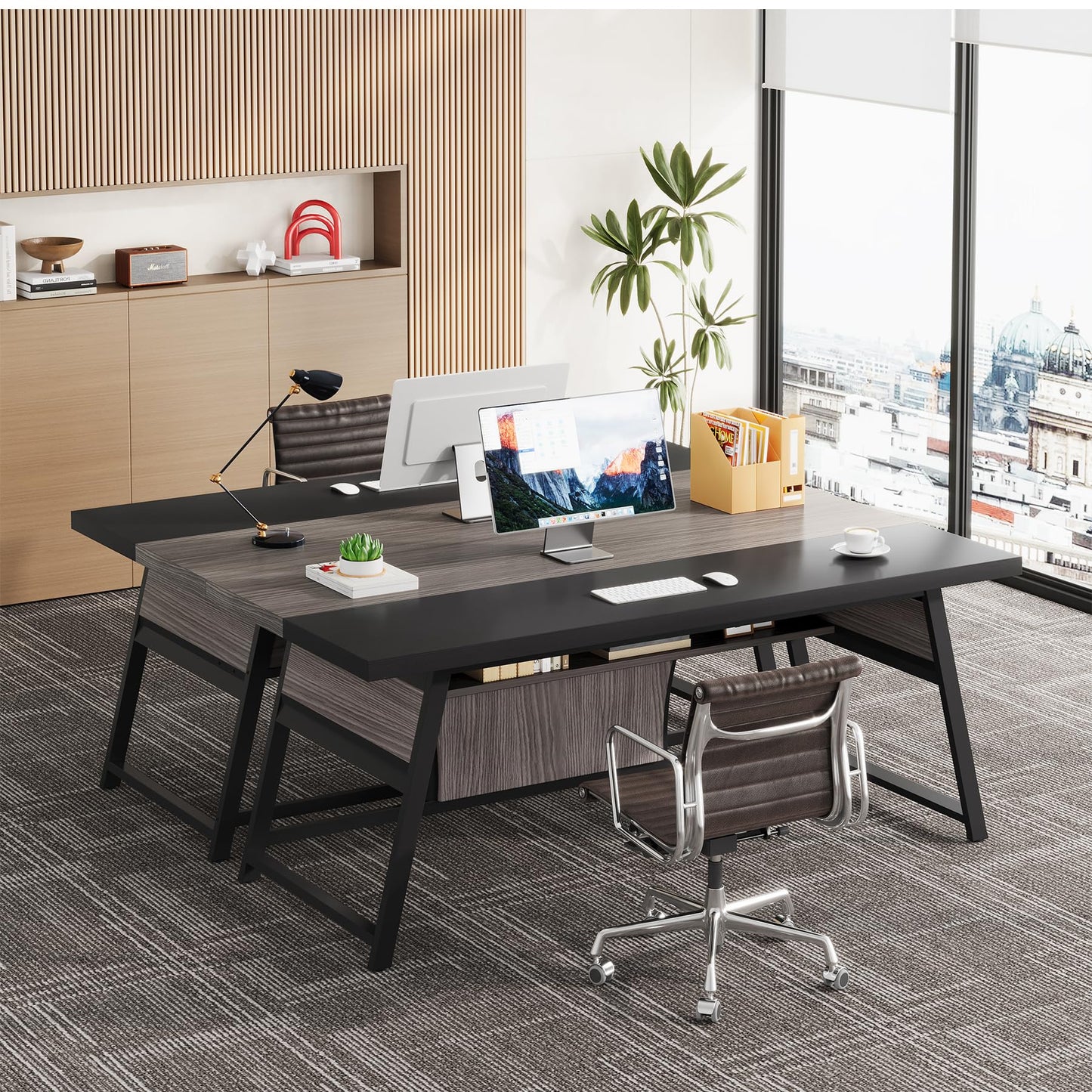 Condemo 63-inch Executive Desk with Storage Shelf, Large Home Office Desk with Metal Frame & LED Light, Long Computer Desks for Home Office, Gray and Black
