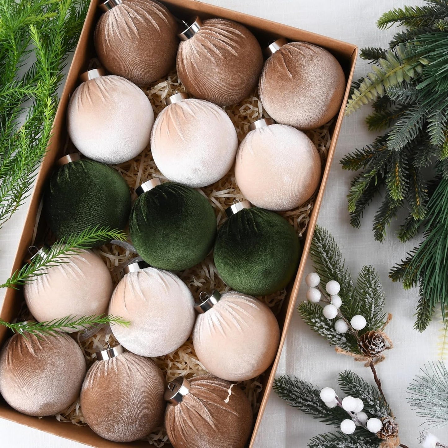 Velvet Christmas Tree Ornaments by [Brand Name] - Shatterproof 15-Piece Set in Multicolor Green, Brown, and Neutral | 80mm (3.15 Inch)