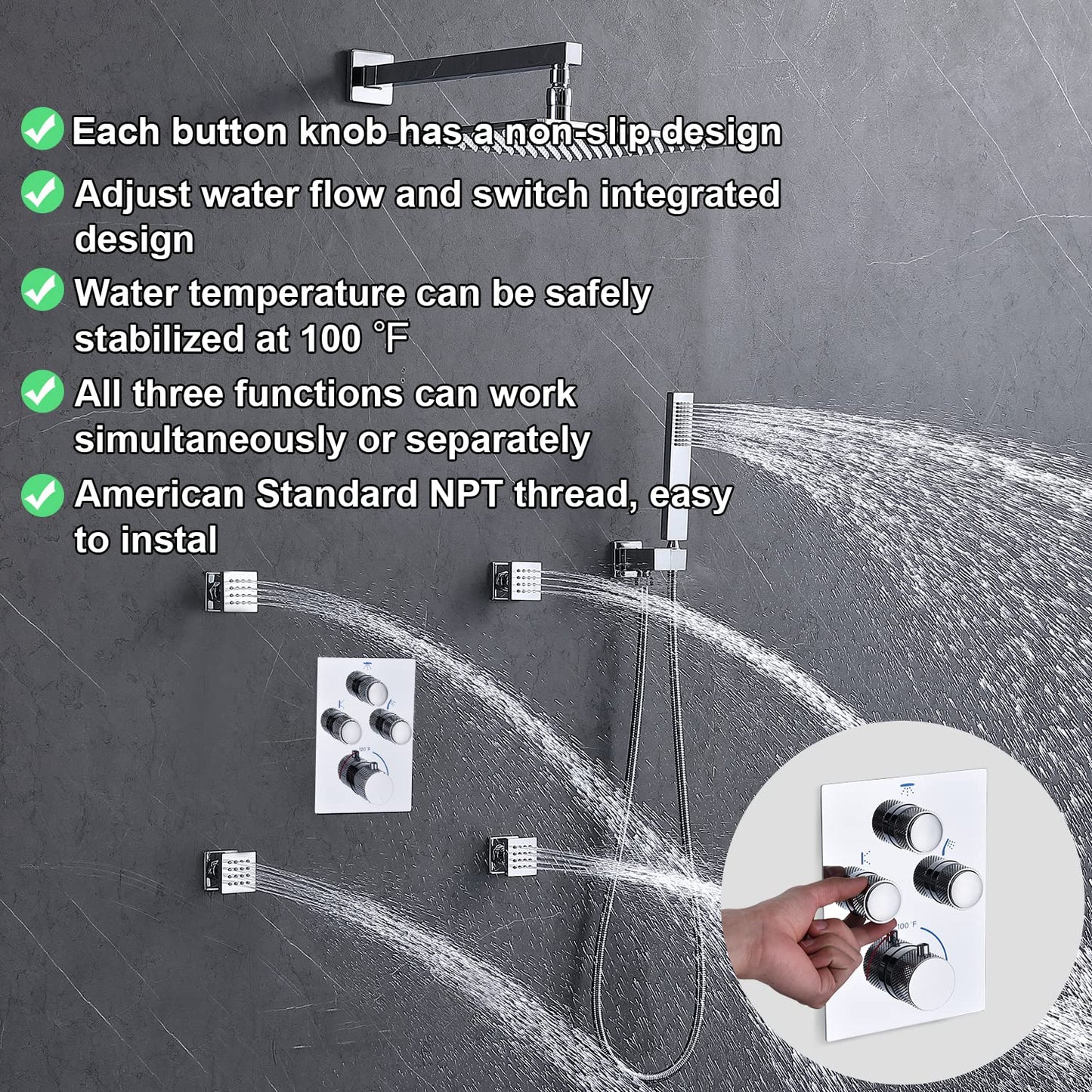 NPYSVSSS Rain Shower System,12 Inch Wall Mounted Rain Shower Head with Body Jets and Handheld Shower, Push Button Thermostatic Shower Faucet Set, Can Use all Options at a Time, Polished chrome