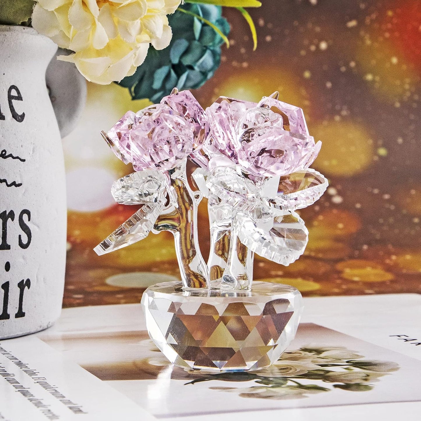 QFkris Pink Crystal Rose Bouquet - Elegant Glass Flower Figurine | 2.8" Home Decor Ornament for Women