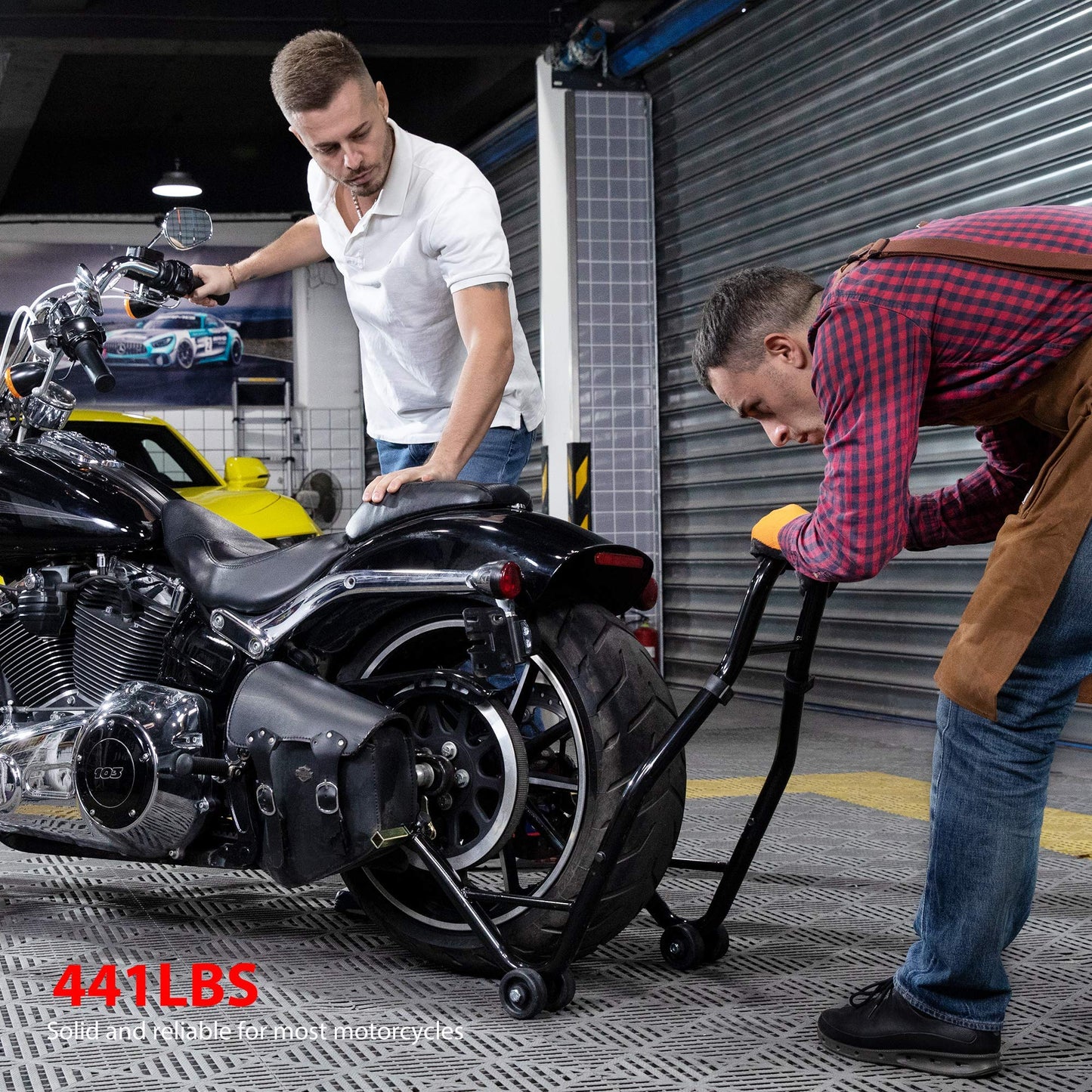VIVOHOME Heavy Duty Hydraulic Motorcycle Lift Table Foot Operated ATV Dirt Bike Scissor Jack Stand with Motorcycle Rear Wheel Lift Universal Sport Bike Swingarm Spool Paddock Stand Combo