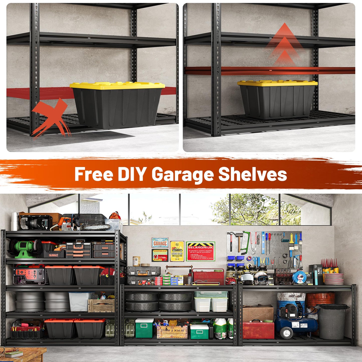 REIBII 72" H Garage Shelving 3000LBS Metal Shelving Heavy Duty Storage Shelves Adjustable Metal Shelf 5 Tier Pantry Shelves for Warehouse Garage Basement Pantry 48" W x 24" D x 72" H