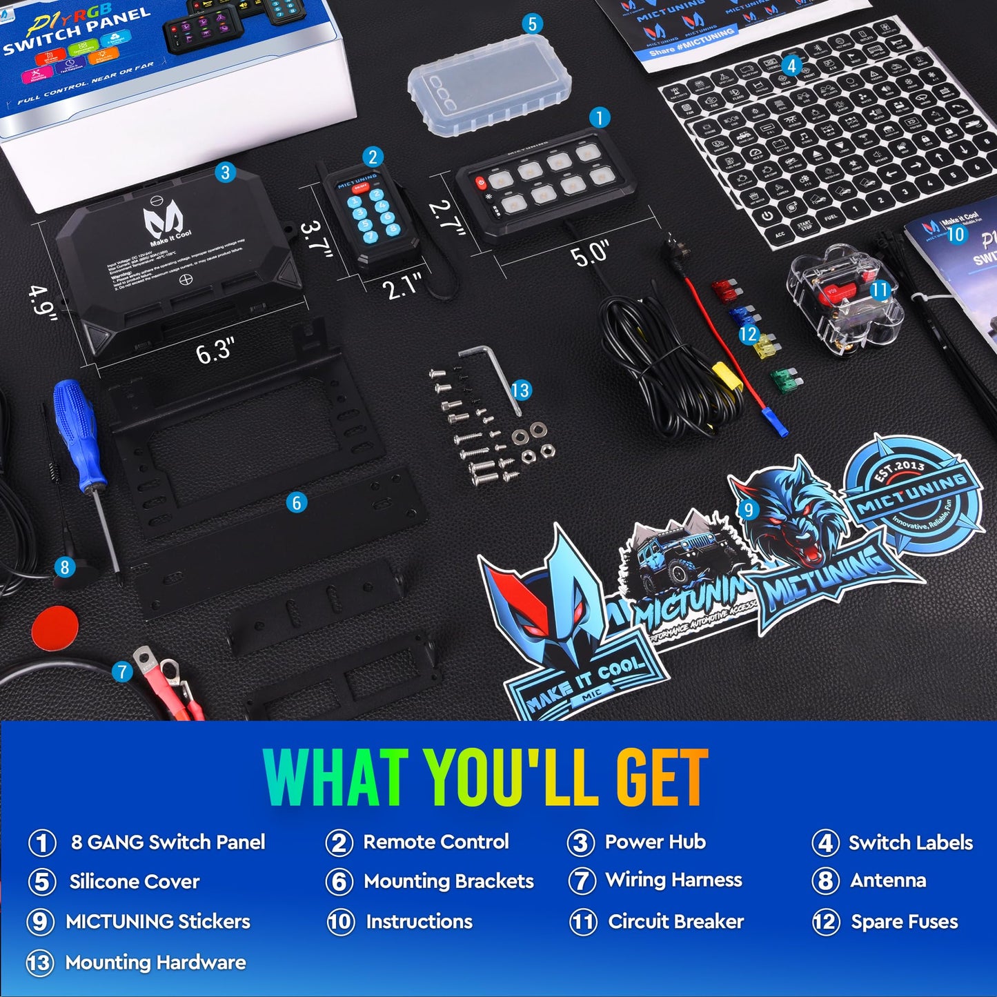 MICTUNING P1Y+ 8 Gang Switch Panel Wireless Remote Control Up to 230FT, Up to 5-Panels Simultaneously, Multifunction Toggle Momentary Flash Strobe Switch Pod with Backlit Off for Car Boat RV Offroad