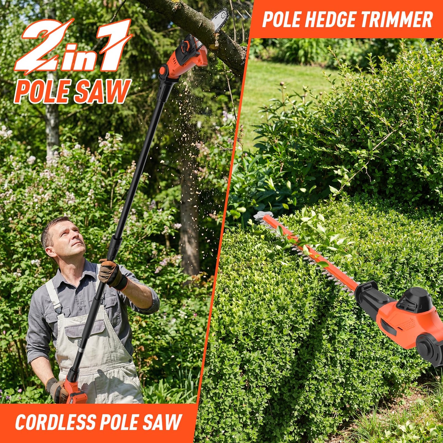 MAXLANDER 2-in-1 Cordless Pole Saw & Hedge Trimmer, 8-Inch Electric Pole Saw 18-Inch Pole Hedge Trimmer, 15ft Max Reach, 16ft/s Speed, Auto Oiling, with 20V 2X3.0Ah Battery & Charger for Tree Trimming