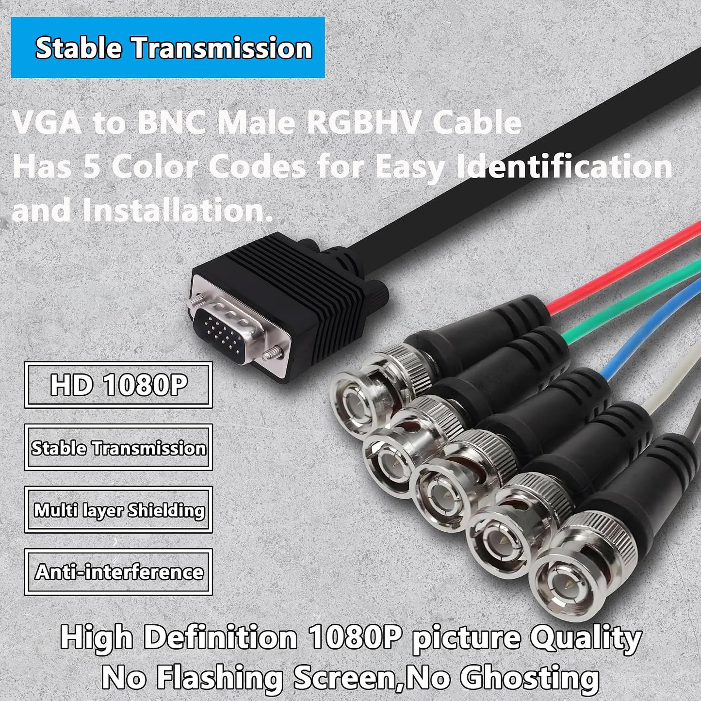 Cable,HD15 5 Cable-1.5M MAYWILLA VGA to BNC Adapter VGA Male to BNC Male RGBHV Coaxial High Resolution Monitor Breakout