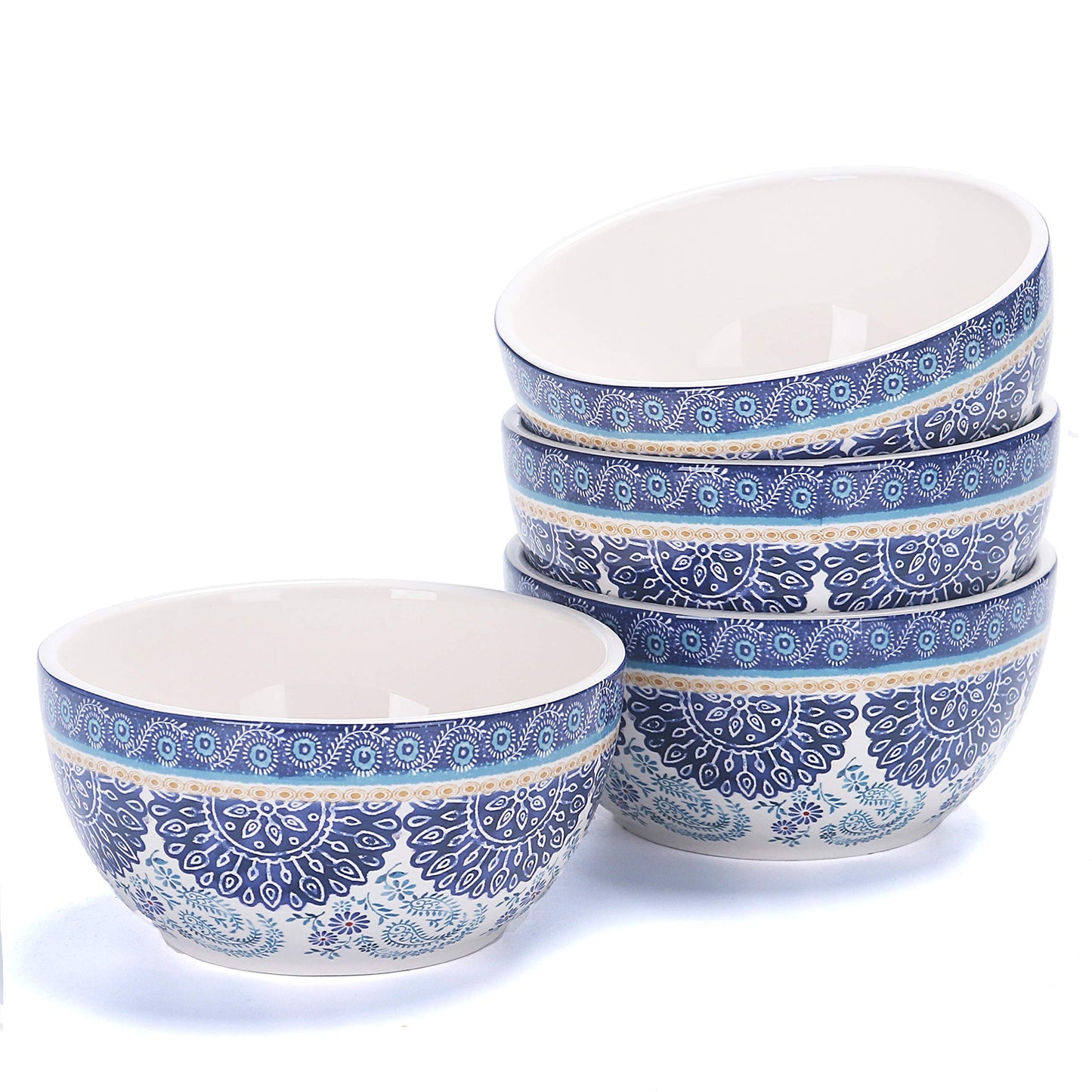 Bico Blue Talavera Cereal Bowls Set of 4, 26 oz Deep Ceramic Soup Bowls for Cereal, Salad, Noodles, Kitchen, Microwave and Dishwasher Safe, Gift for Housewarming and Thanksgiving