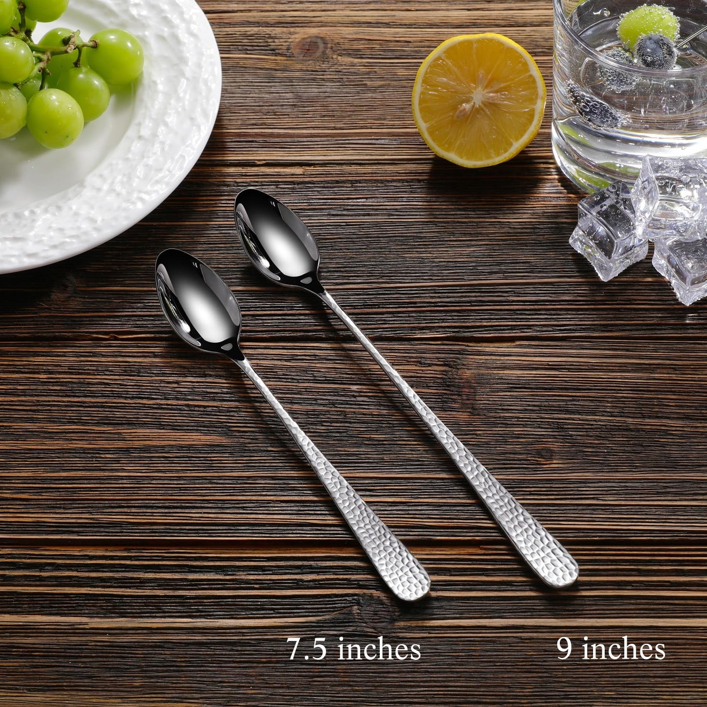 KEAWELL Premium Louise Hammered Long Handle Iced Tea Spoons: 4-Piece/8-Piece Set, 18/10 Stainless Steel, Teaspoons, Coffee Spoons, Brightly Mirror-Polished, Dishwasher Safe (4, 9 inches)