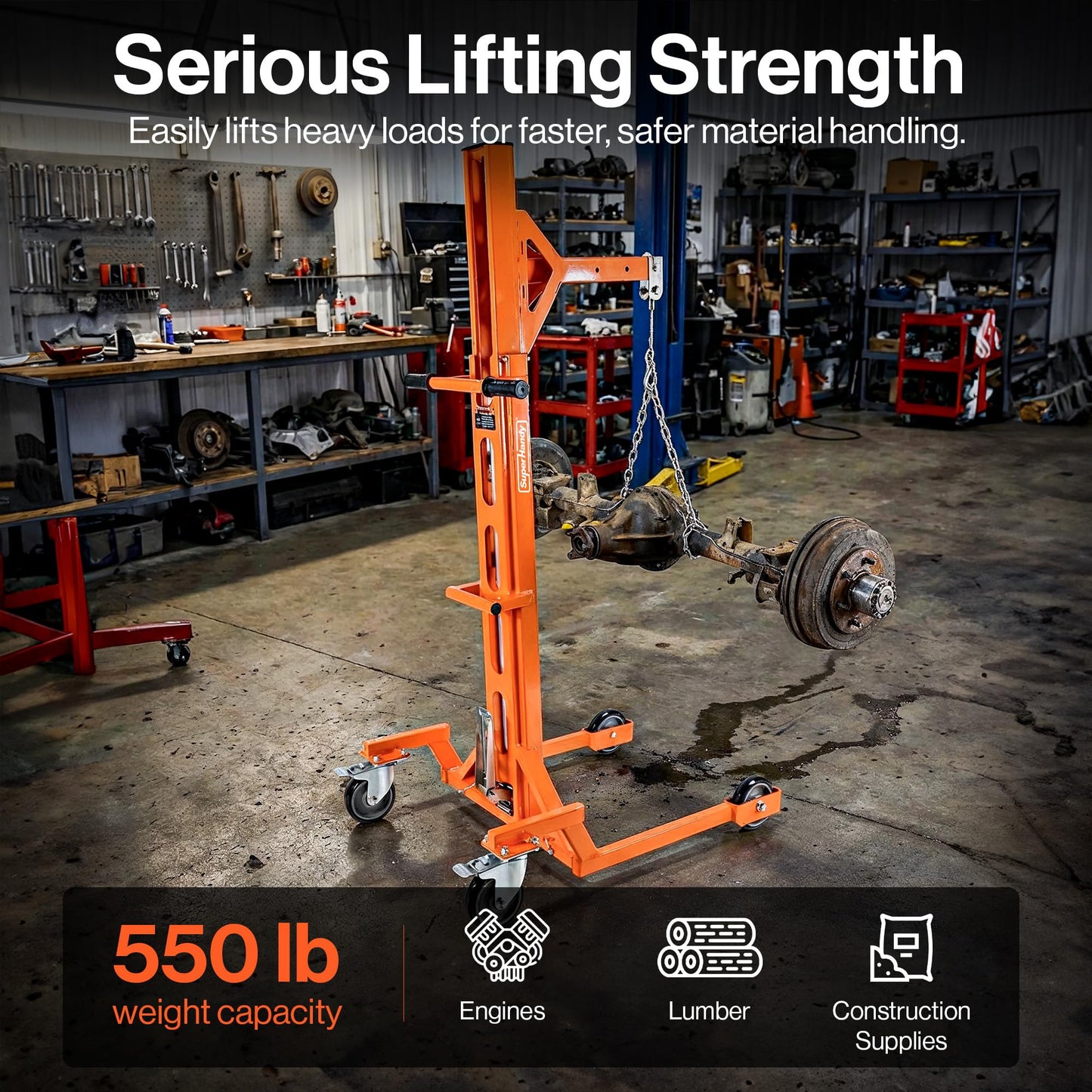 Superhandy Portable Hydraulic Crane Lift, Tool-Free Disassembly, Foot Pedal Operation, 6-Inch PU Wheels with Brakes, No Power Required, for Trucks, Garages & Workshops