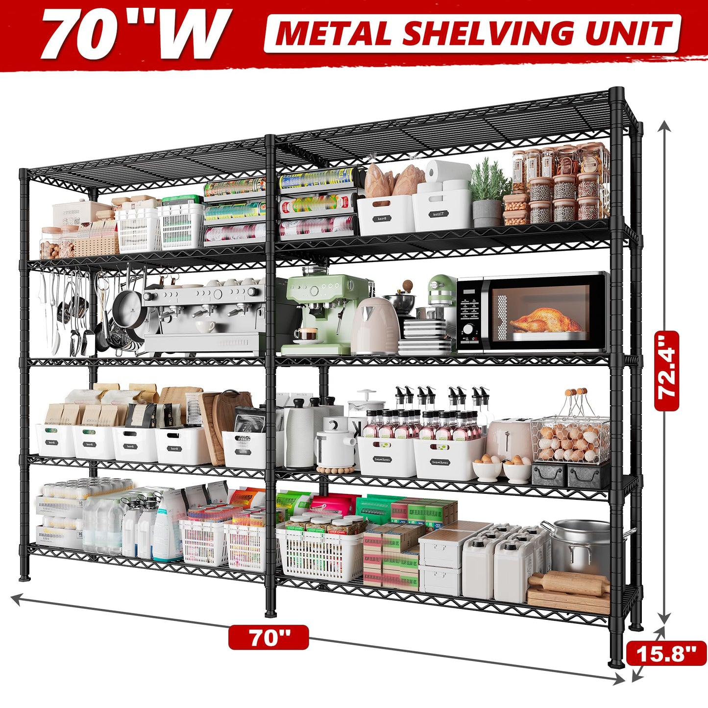REIBII 70" W Storage Shelves 1600LBS,Widen Garage Shelving Heavy Duty Metal Shelving 5-Tier Wire Shelving, L-Shaped Wire Shelving Adjustable Metal Shelves for Pantry Kitchen Garage, 15.8" D*72.4" H