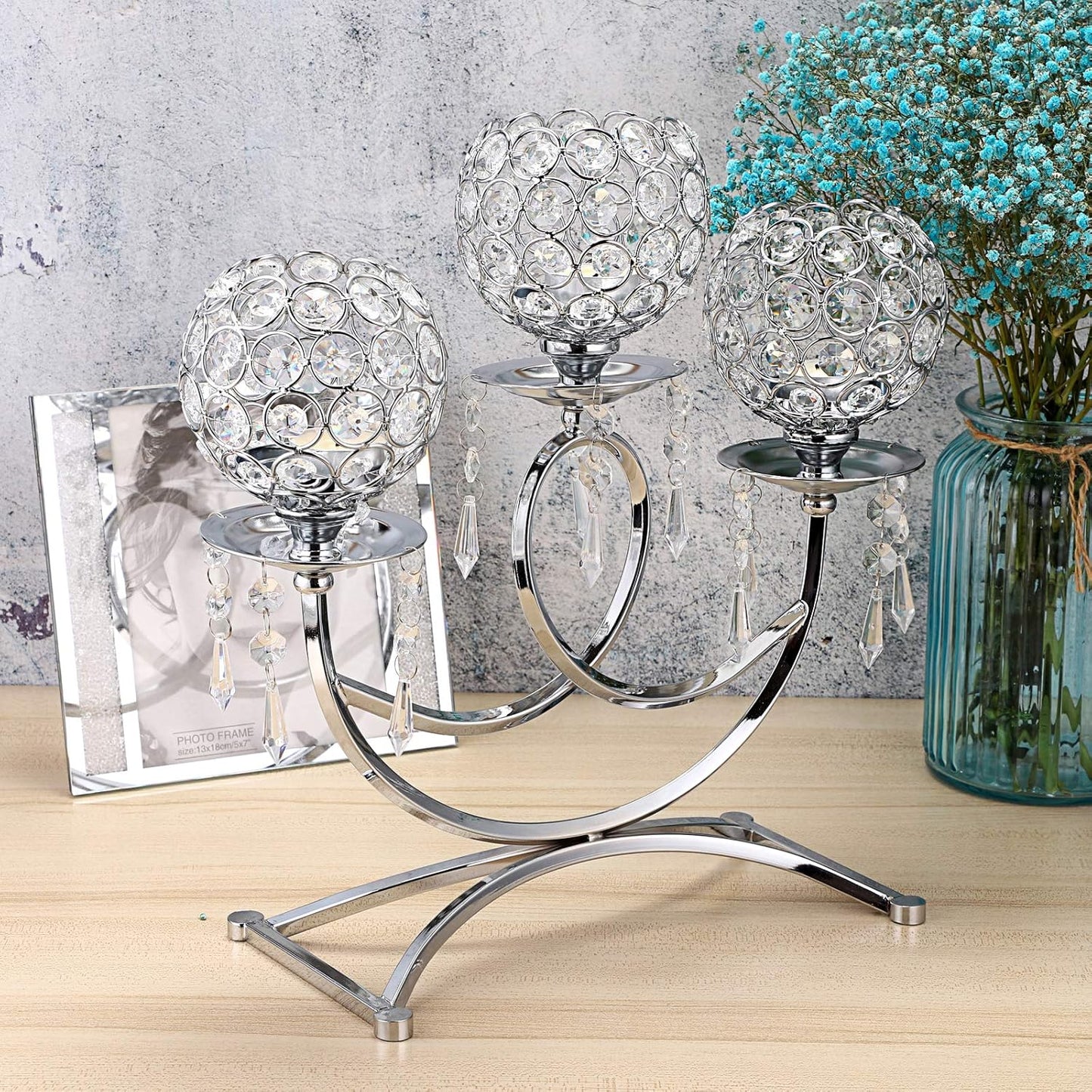 OwnMy Crystal Candle Holders - Elegant 3-Arms Tealight Candelabra for Weddings & Home Decor | Silver