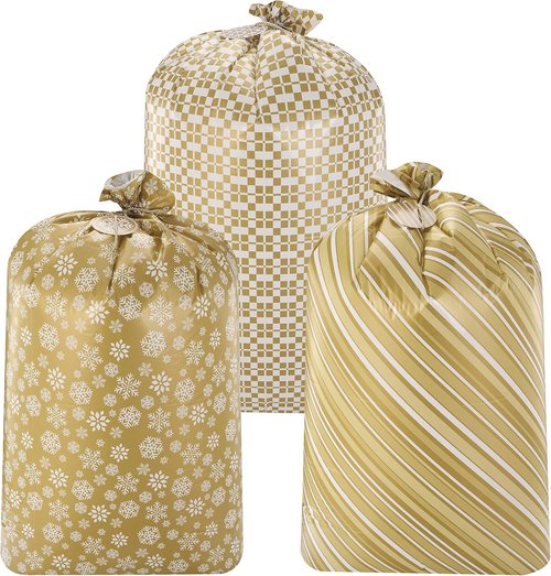 JOYIN Jumbo Gift Bags - 3 Pack 56”x36” Gold Plastic Holiday Present Bags for Christmas Decor & Large Toys