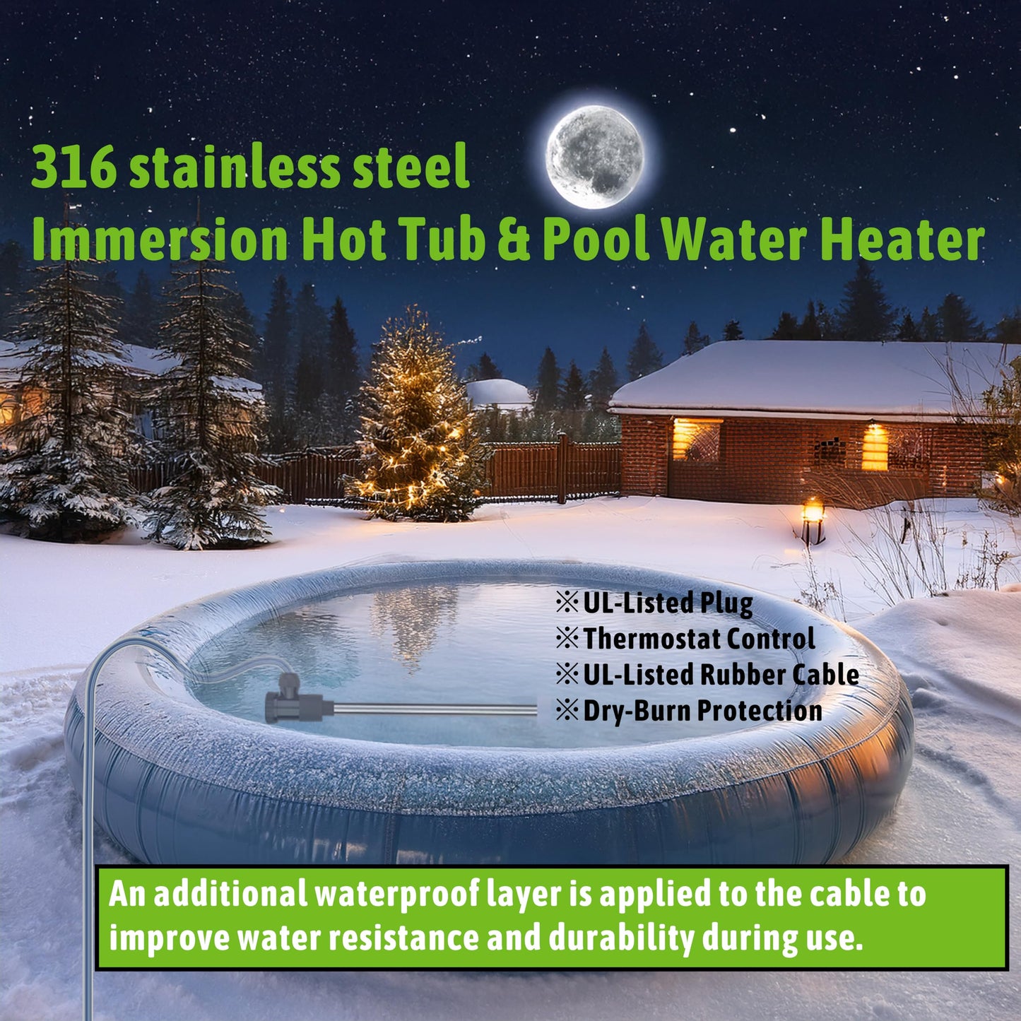 LINGLONGTEMP 2000W Submersible Pool & Hot Tub Portable Electric Immersion Water Heater with Temp Control for Bathtub, Pond, Inground Pool, Inflatable Pool, Baptism, Sap, Baptismal & Above Ground Pool