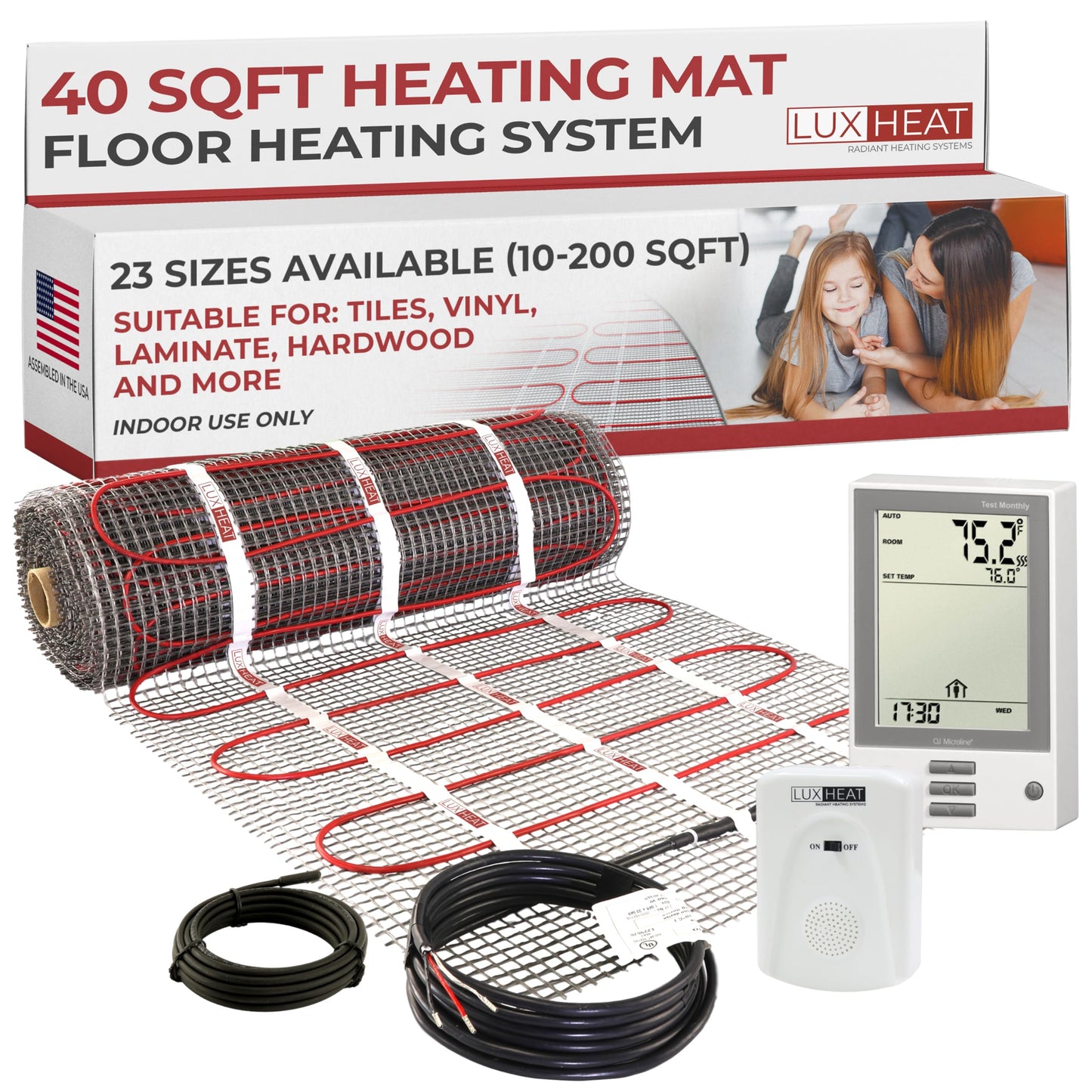 LuxHeat 40sqft Floor Heating Mat Kit - 120v Heated Tile Floor Kit - Complete Electric Radiant Heated Flooring System Includes Alarm, UDG Programmable Thermostat w/GFCI & Flooring Sensor