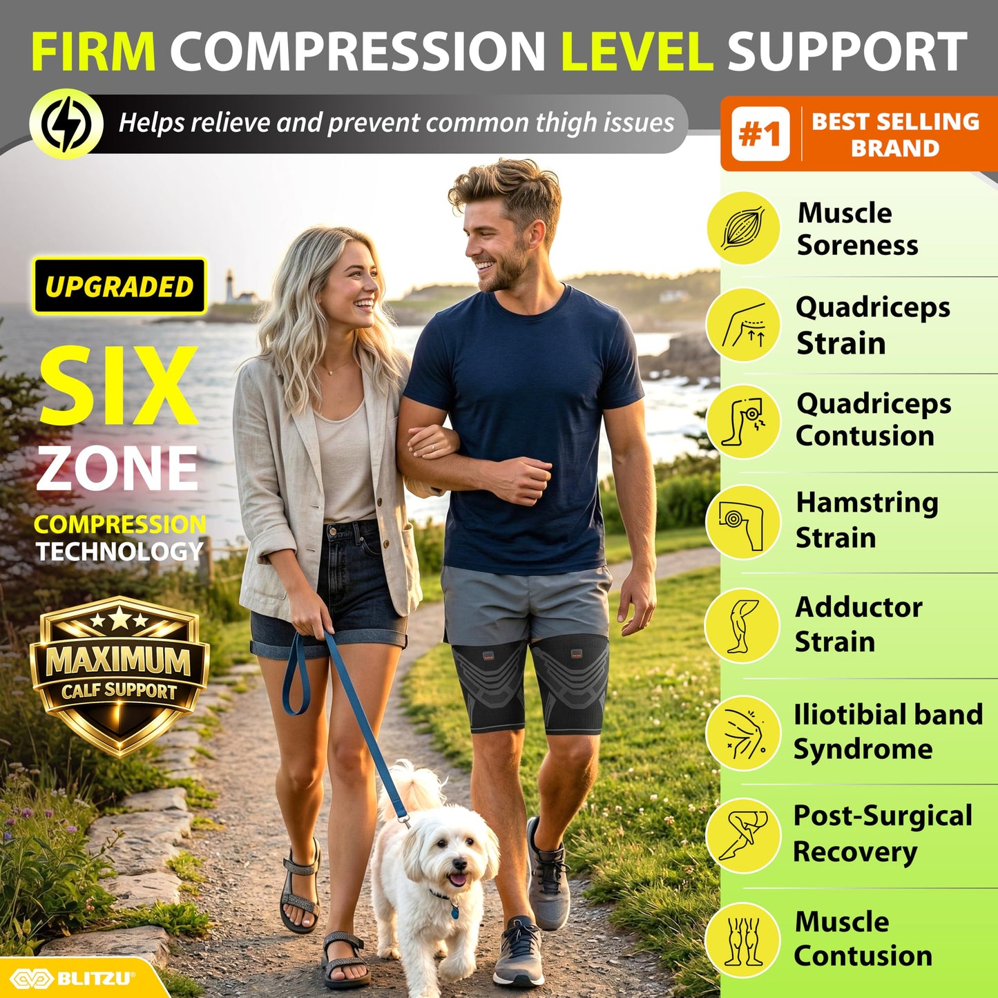 BLITZU Hamstring Compression Sleeve 1 Pair, Upper Leg Sleeves, Thigh, Quad & Groin Support for Men and Women, Anti-Slip Thigh Brace & Wrap for Running, Workout, Sports Recovery Black L