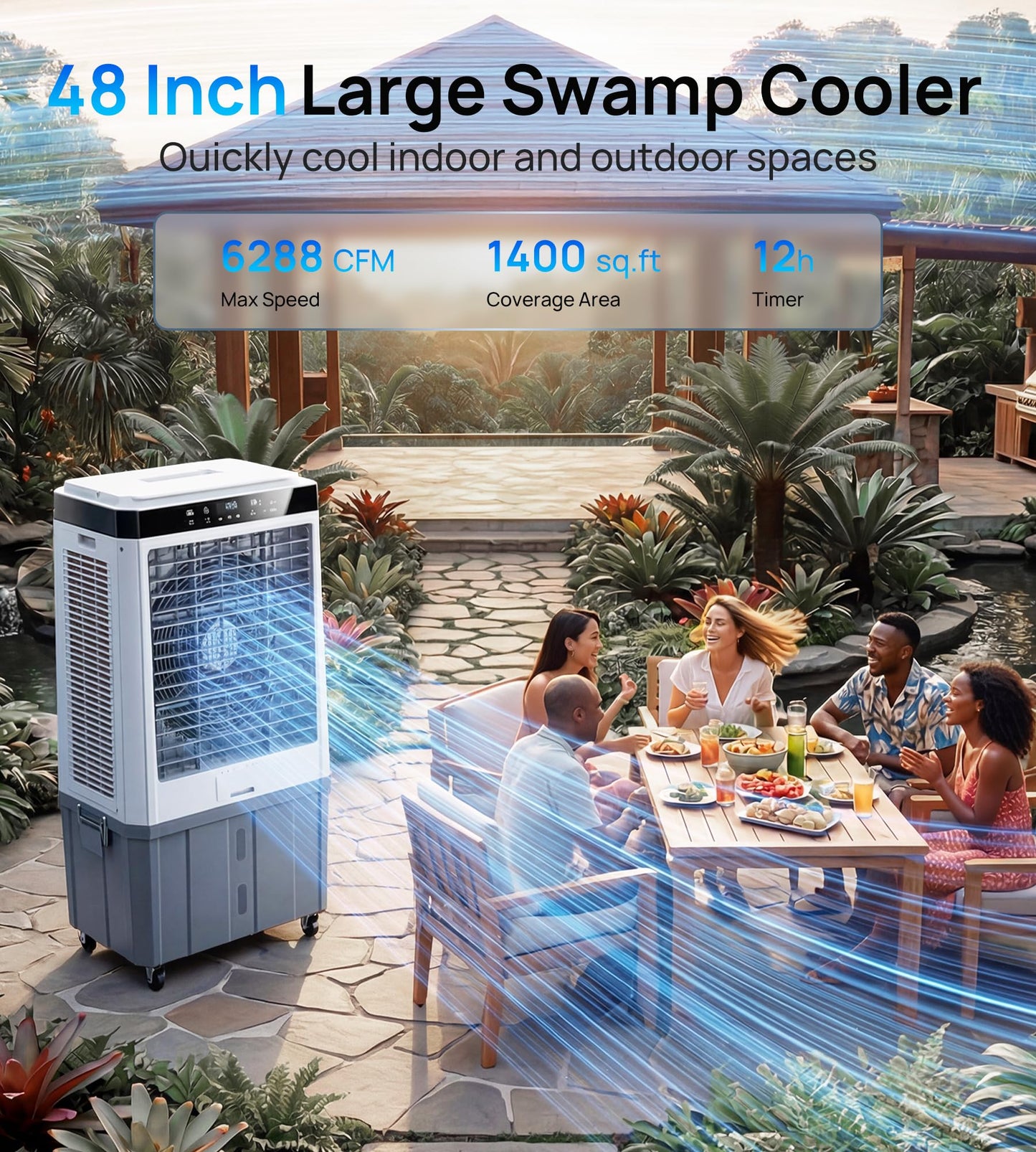 Landeagle 48" Industrial Evaporative Coolers,6288CFM Portable Swamp Cooler Air Conditioner with 21.5Gal Tank & 120°Oscillation,Outdoor Cooling Fan with 12H Timer for Indoor Patio Garage Commercial Use