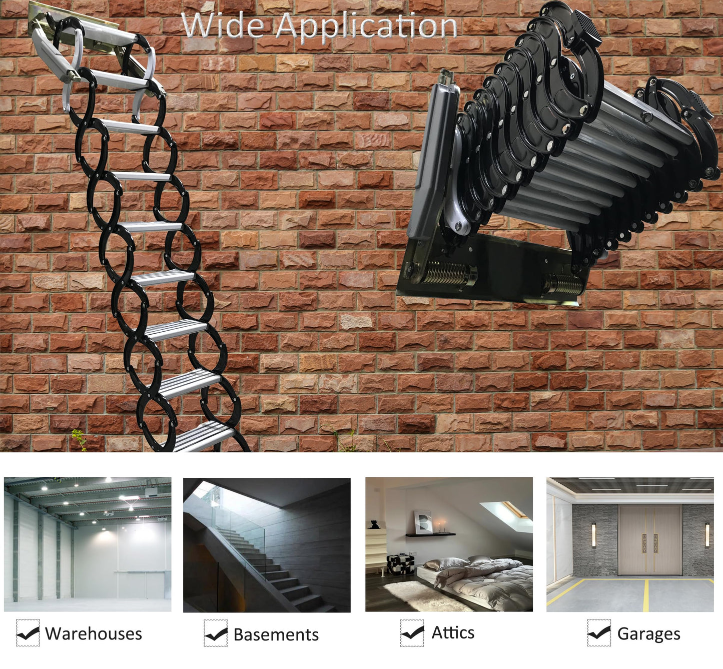 TECHTONGDA 9.8ft Attic Stair Pull Down Loft Ladder, Al-Mg Alloy Wall Mounted Folding Retractable Attic Ladder, 12 Steps Folding Loft Stairs with 660LB Load Capacity, Black