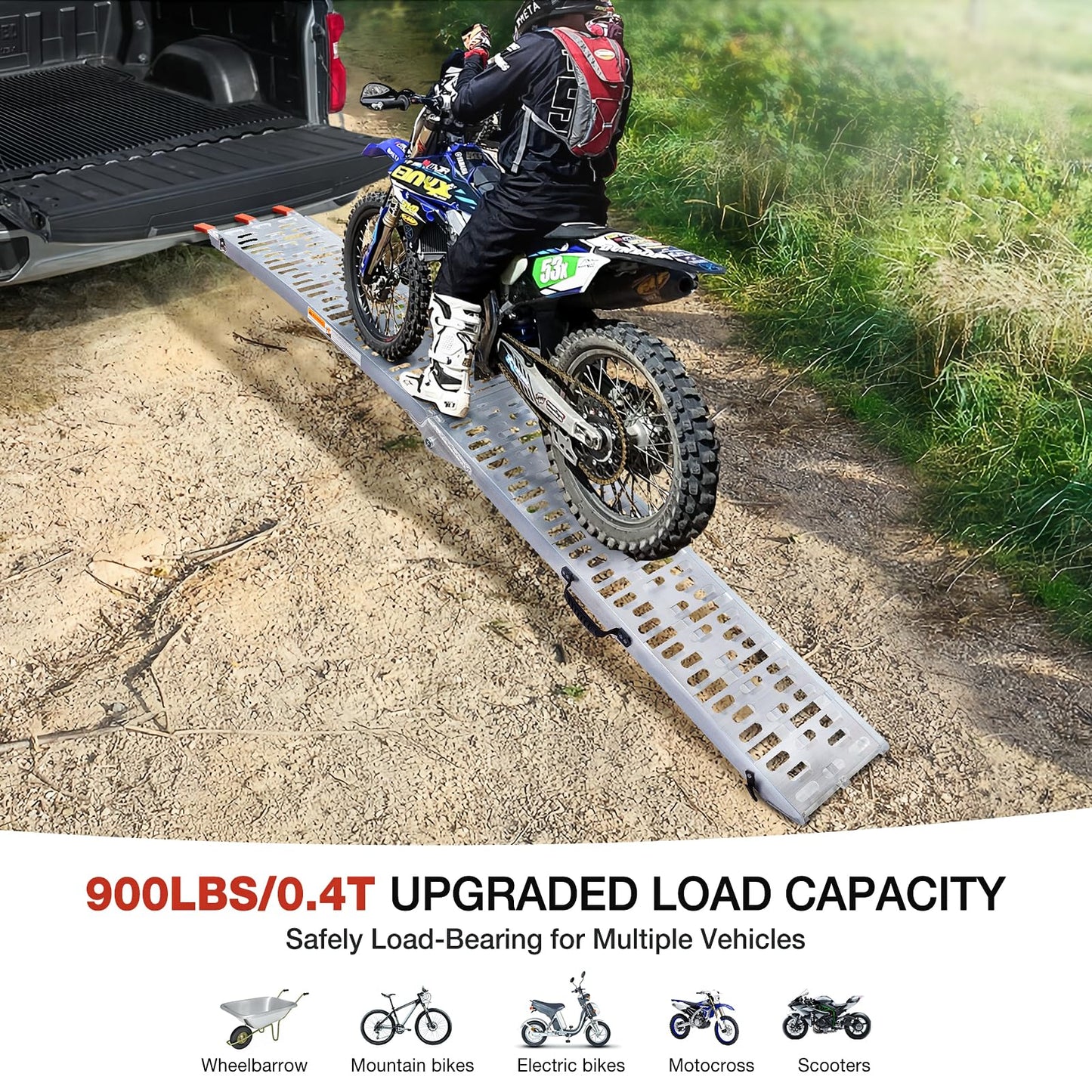 WheelX 920lb Capacity Aluminum Folding Loading Ramps for Car, Truck & Trailer Bed - with Load Straps for Wheelbarrow, Mountain Bikes, Electric Bikes, Motocross, Scooters