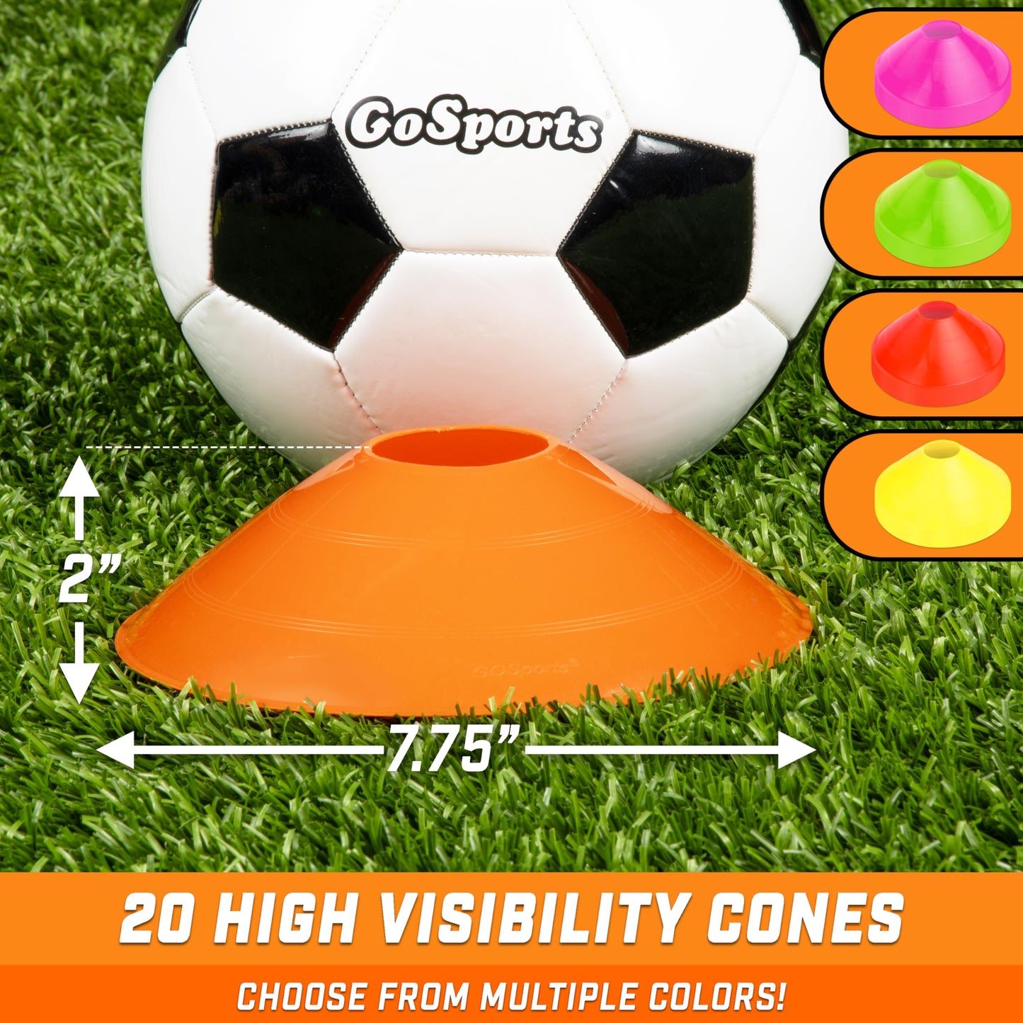 GoSports Agility Training Sport Cone 20 Pack with Tote Bag - Low Profile Field Markers for Kids and Adults