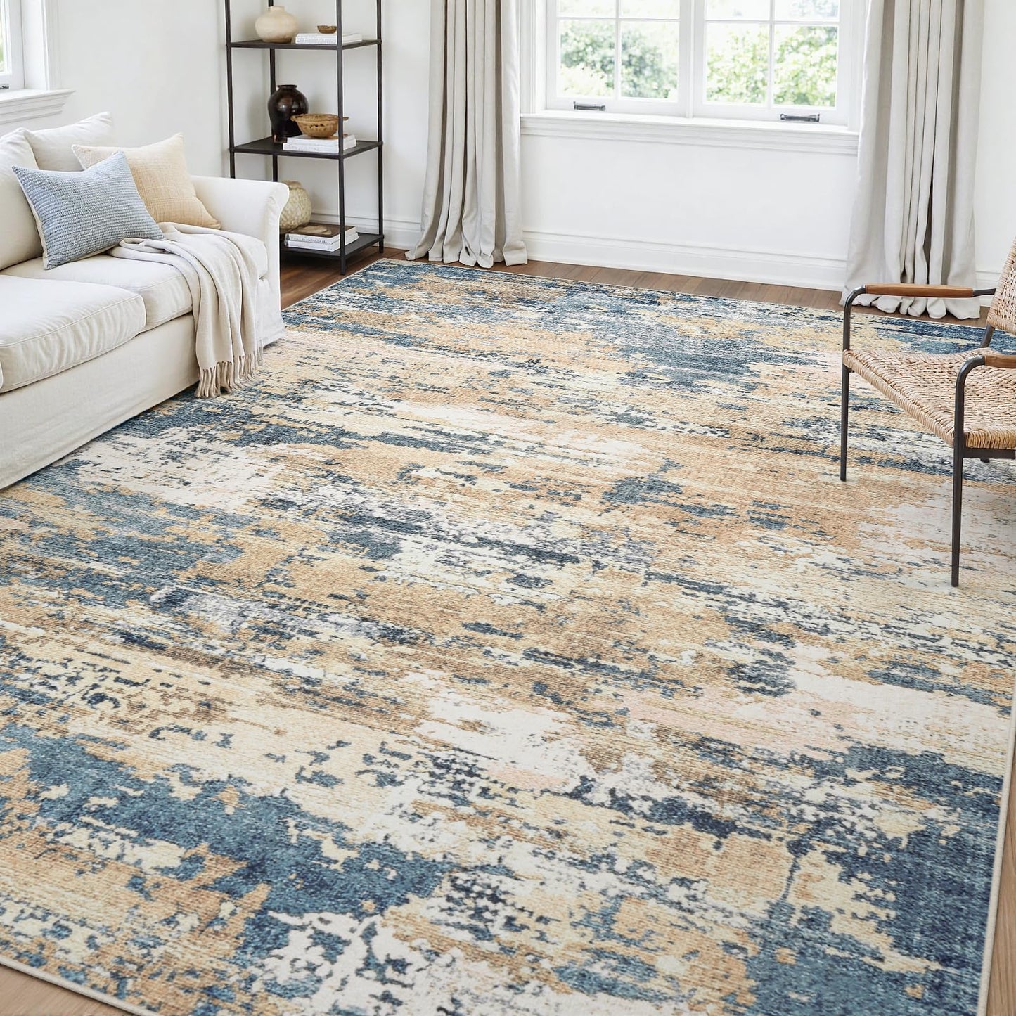 Area Rugs 5x7 Living Room: Large Soft Washable Rug Modern Abstract Anti-Skid Non-Shedding Carpet Indoor Floor Thin Carpets for Bedroom Dining Room Farmhouse Nursery Home Office Brown Blue