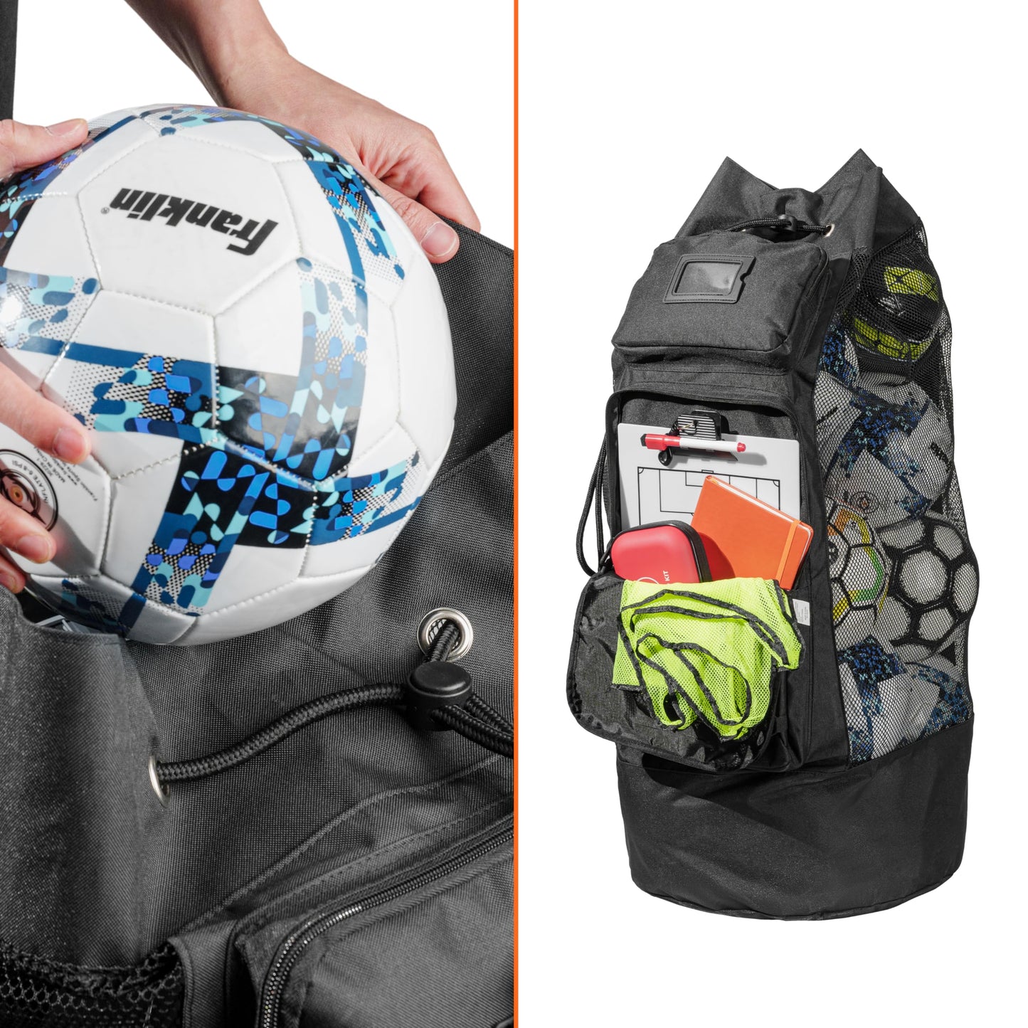 Fitdom Heavy Duty Large Soccer Mesh Equipment Ball Bag w/Adjustable Shoulder Strap Design for Coach. 2 Front Pockets for Sporting Accessories. Best for All Outdoor & Water Gears