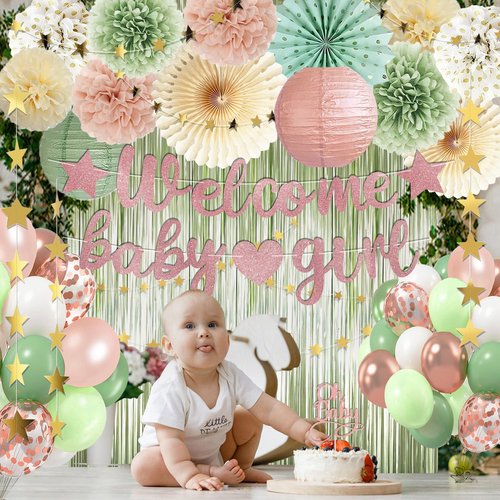 Dusty Pink Sage Green Baby Shower Decorations - Welcome Baby Girl Banner, Retro Pink Green Rosegold Balloons, 'Oh Baby' Cake Topper, Pom Poms Flowers Paper Fan For Birthday Jungle Woodland Party