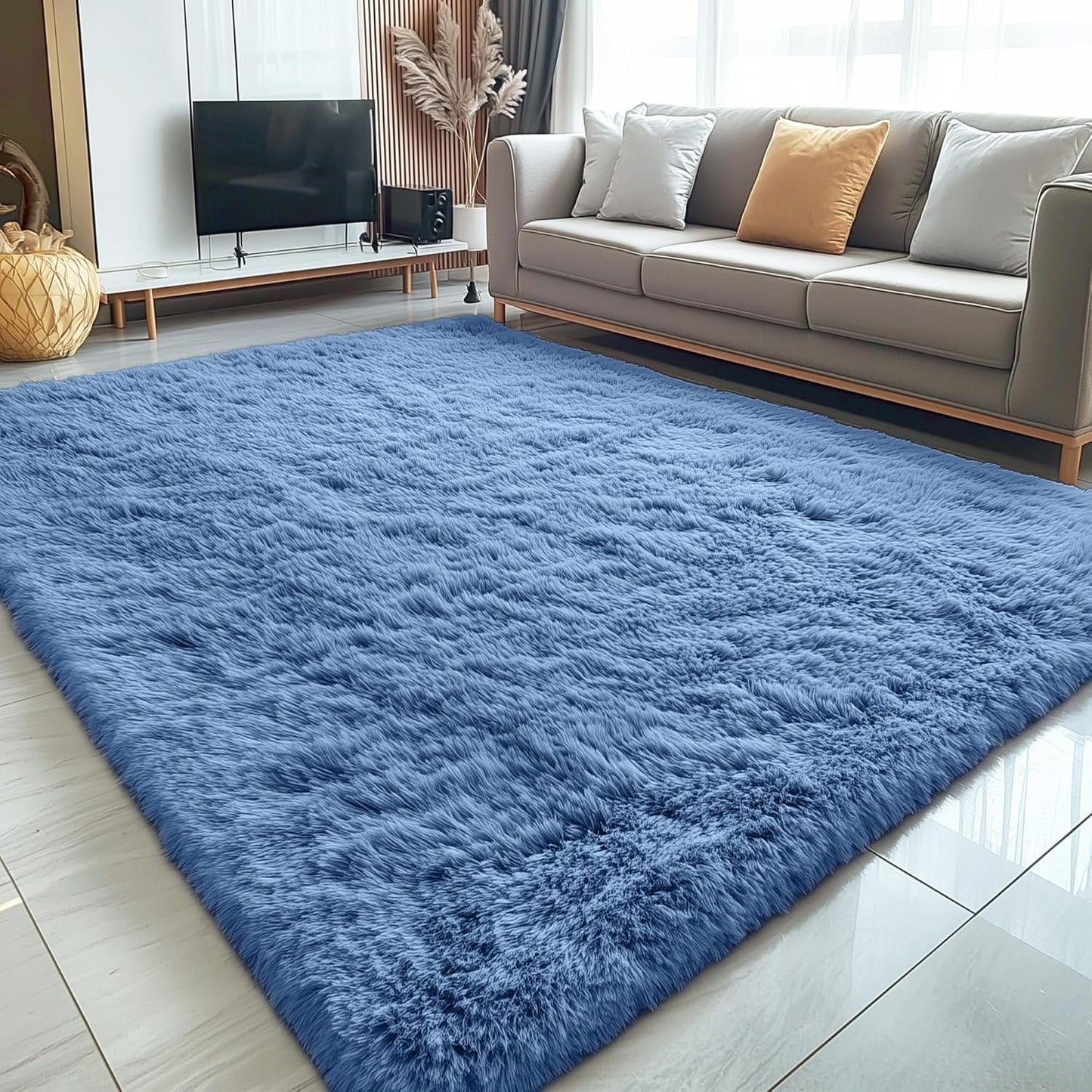 OLANLY Large 5x7 Machine Washable Area Rug - Soft Fluffy Shaggy Carpet for Living Room & Bedroom | Blue