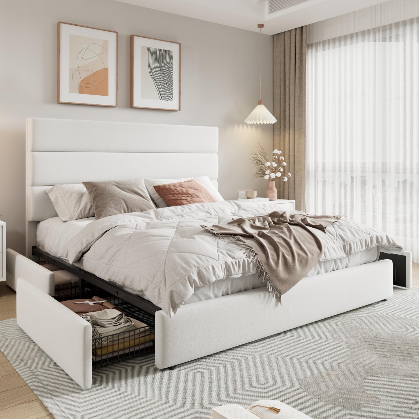 Allewie Modern Full Size Platform Bed Frame with 4 Storage Drawers and Velvet Upholstered Headboard, Wooden Slats Support, Upholstered Mattress Foundation/No Box Spring Needed/Easy Assembly, White