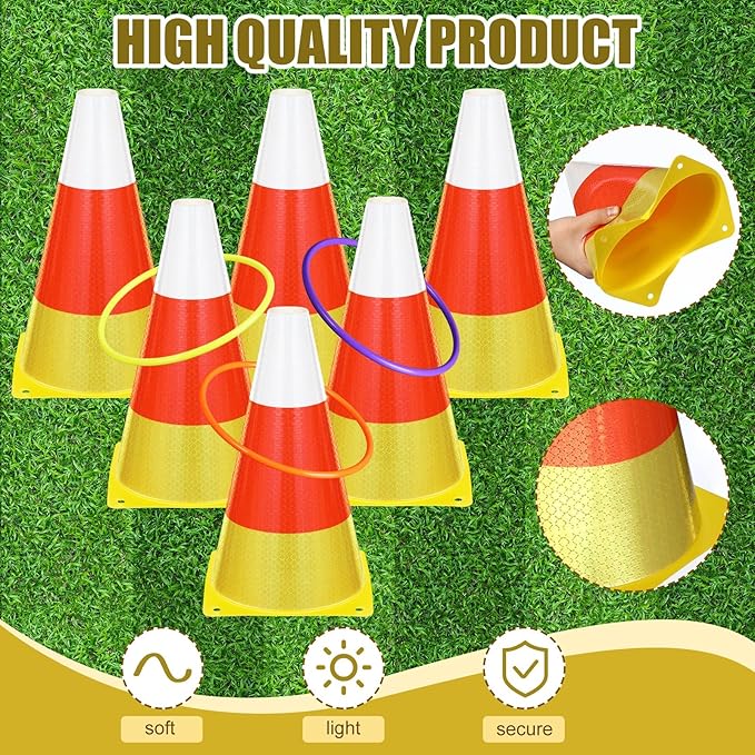 Leitee 6 Sets Candy Corn Ring Toss Game Plastic Cones Ring Toss Combo Set Mini Traffic Cones Toss Game for Sports Training Garden Backyard Outdoor Activities